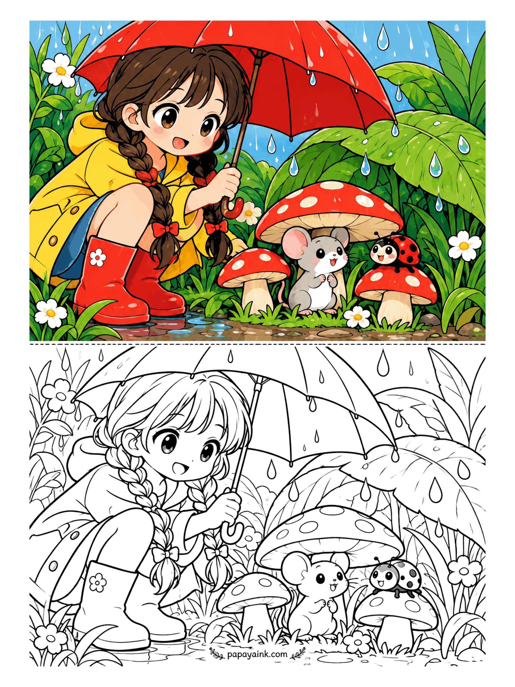 Cute Anime Coloring Pages - Crouching in her raincoat and rain boots, an anime girl with long braids tilts a big umbrella over a little mouse and a ladybug sheltering under spotted mushrooms.