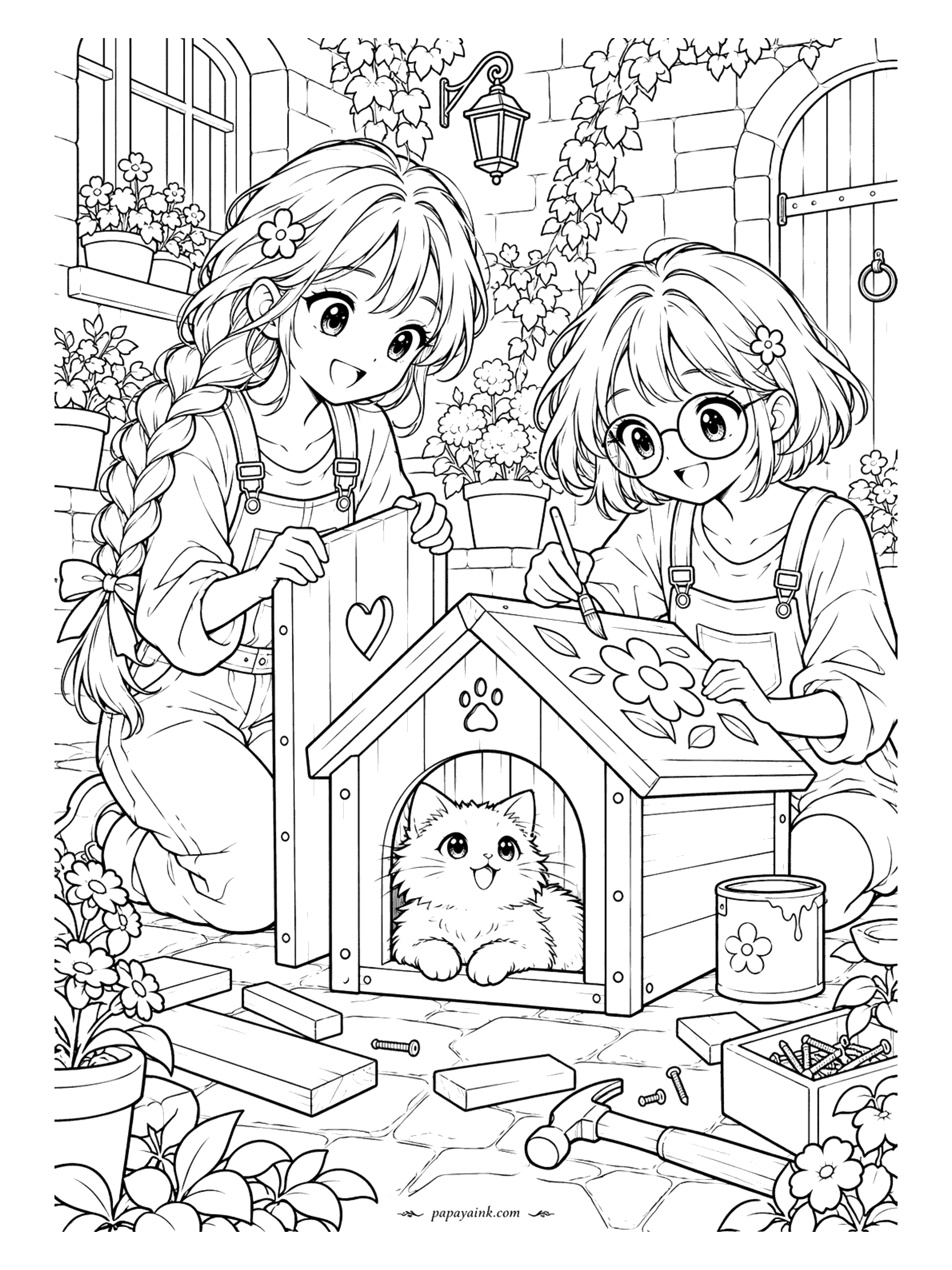 Cute Anime Coloring Pages - Two anime friends in overalls build a wooden cat house in a flowery stone courtyard - one fits a wall with a heart cutout, the other paints a blossom on the roof - while a fluffy kitten tests the doorway.