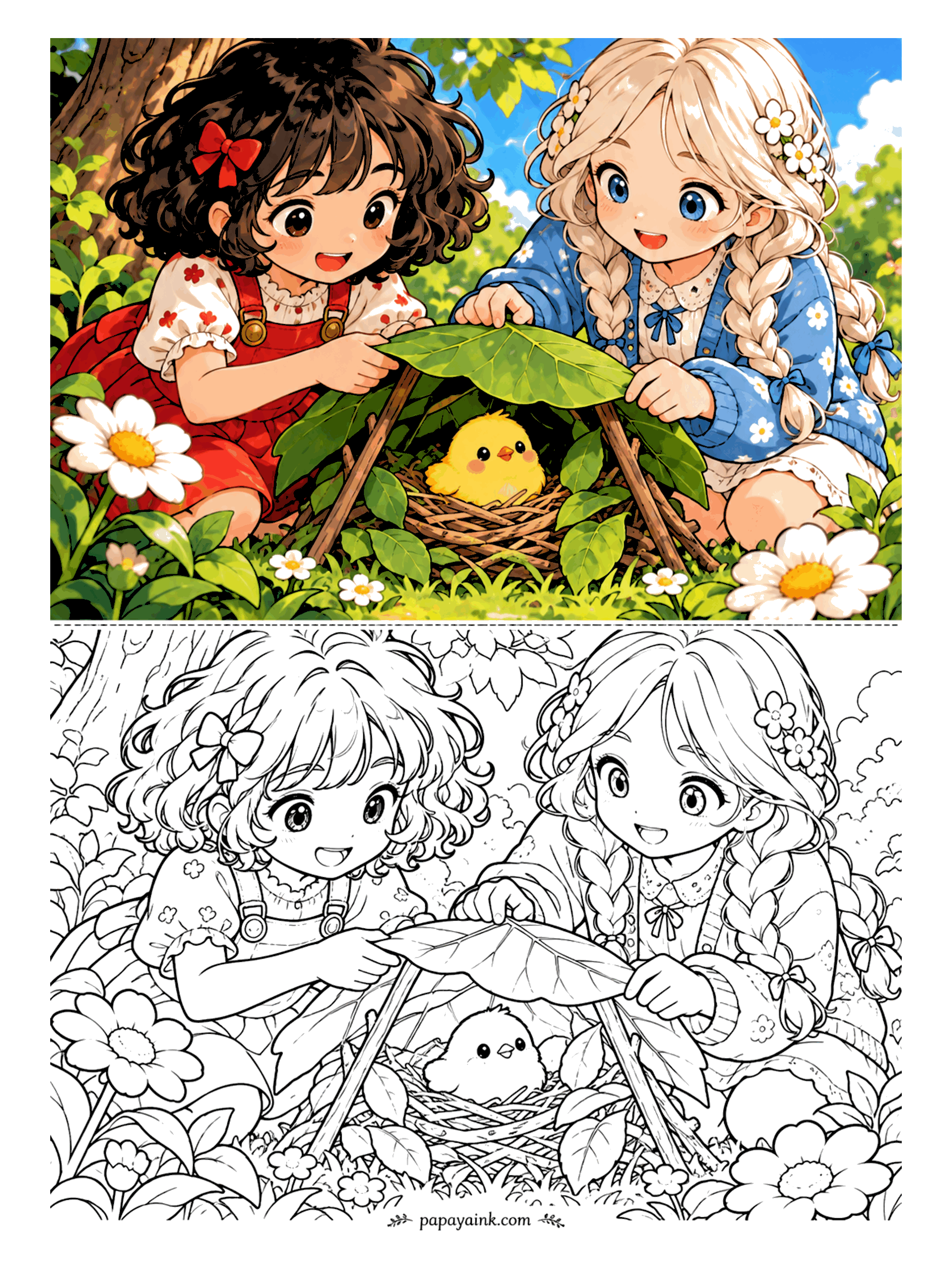 Cute Anime Coloring Pages - Two anime friends - one with curls and a bow, one with long flower-dotted braids - hold a giant leaf over a twig shelter to keep a fluffy chick dry in its nest.