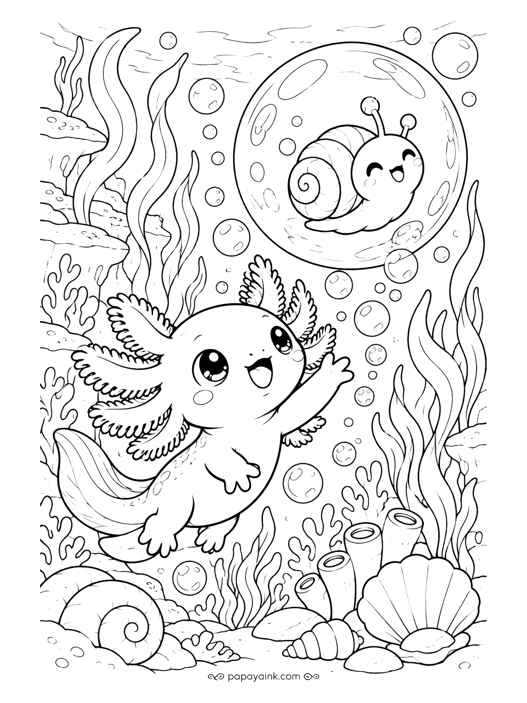 Cute Kawaii Coloring Pages - Bubbles drift upward as a beaming axolotl waves at a snail floating inside a glassy sphere, with seaweed, shells and coral framing the lagoon.