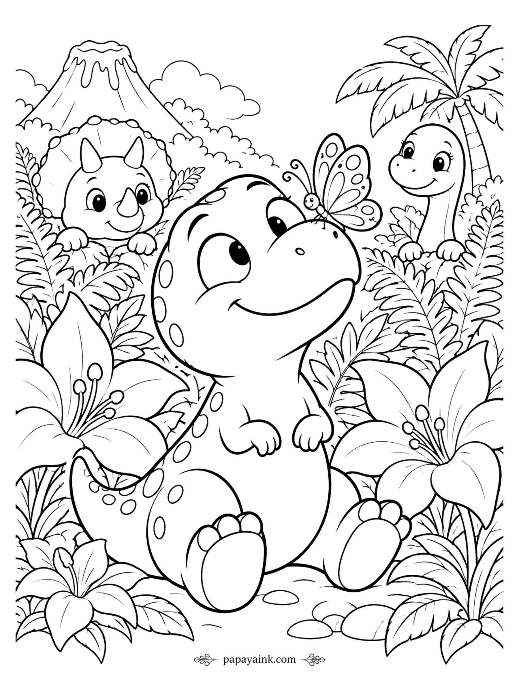 Cute Dinosaur Coloring Pages - A chubby baby dinosaur goes cross-eyed at the butterfly on its nose while two friends peek out of the ferns. Large, simple shapes make this cute dinosaur coloring page an easy start.