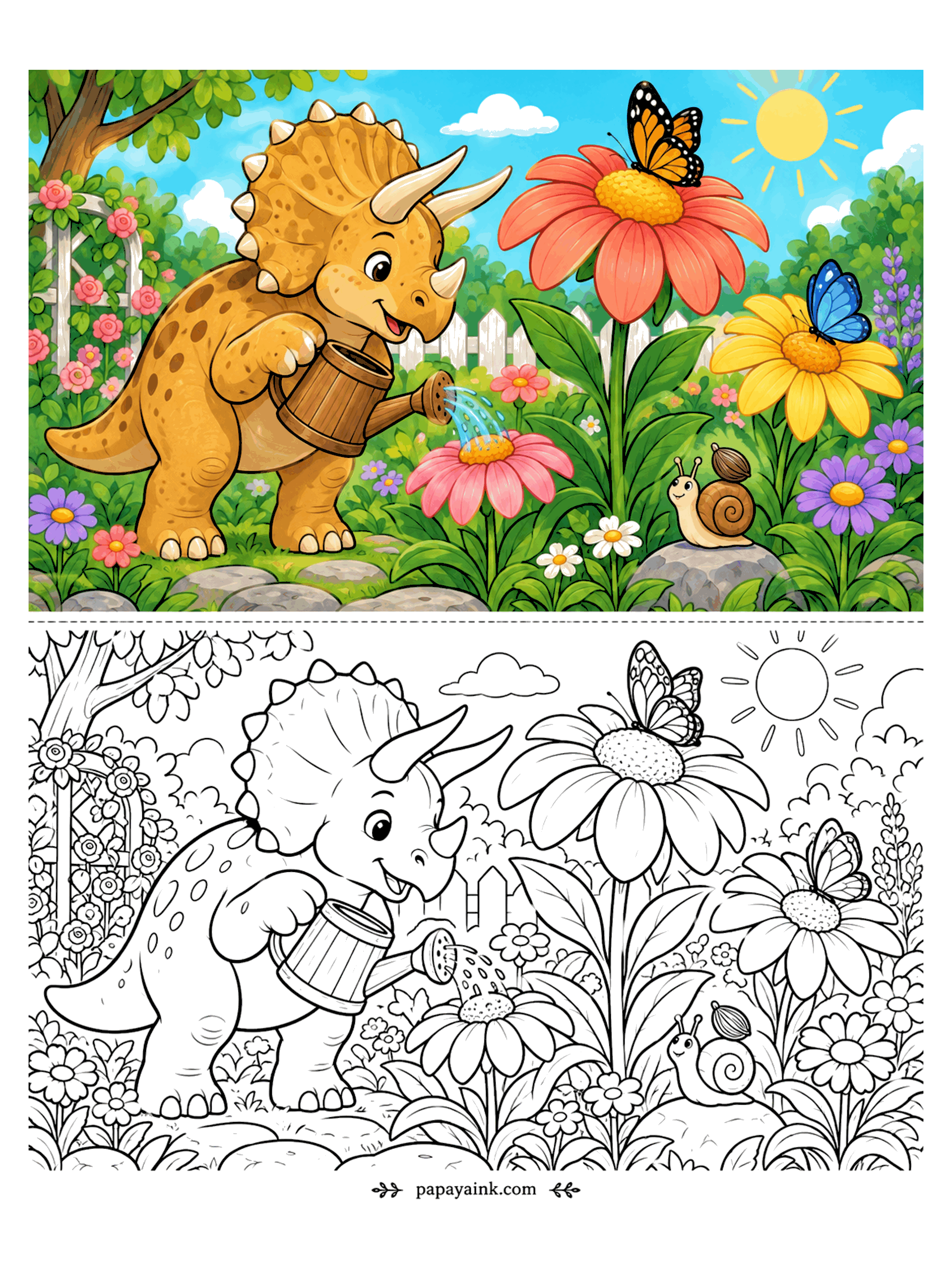 Cute Dinosaur Coloring Pages - A baby triceratops waters giant daisies with a wooden watering can while butterflies and a snail look on. Big petals are perfect for blending bright colors.