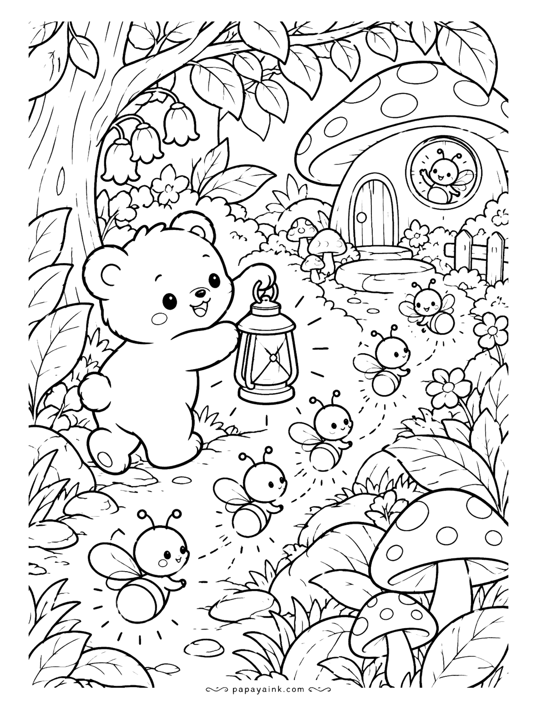 Cute Kawaii Coloring Pages - Lantern light guides a chubby bear cub down a fern-lined trail as glowing fireflies follow toward a round-windowed toadstool home. Detailed.