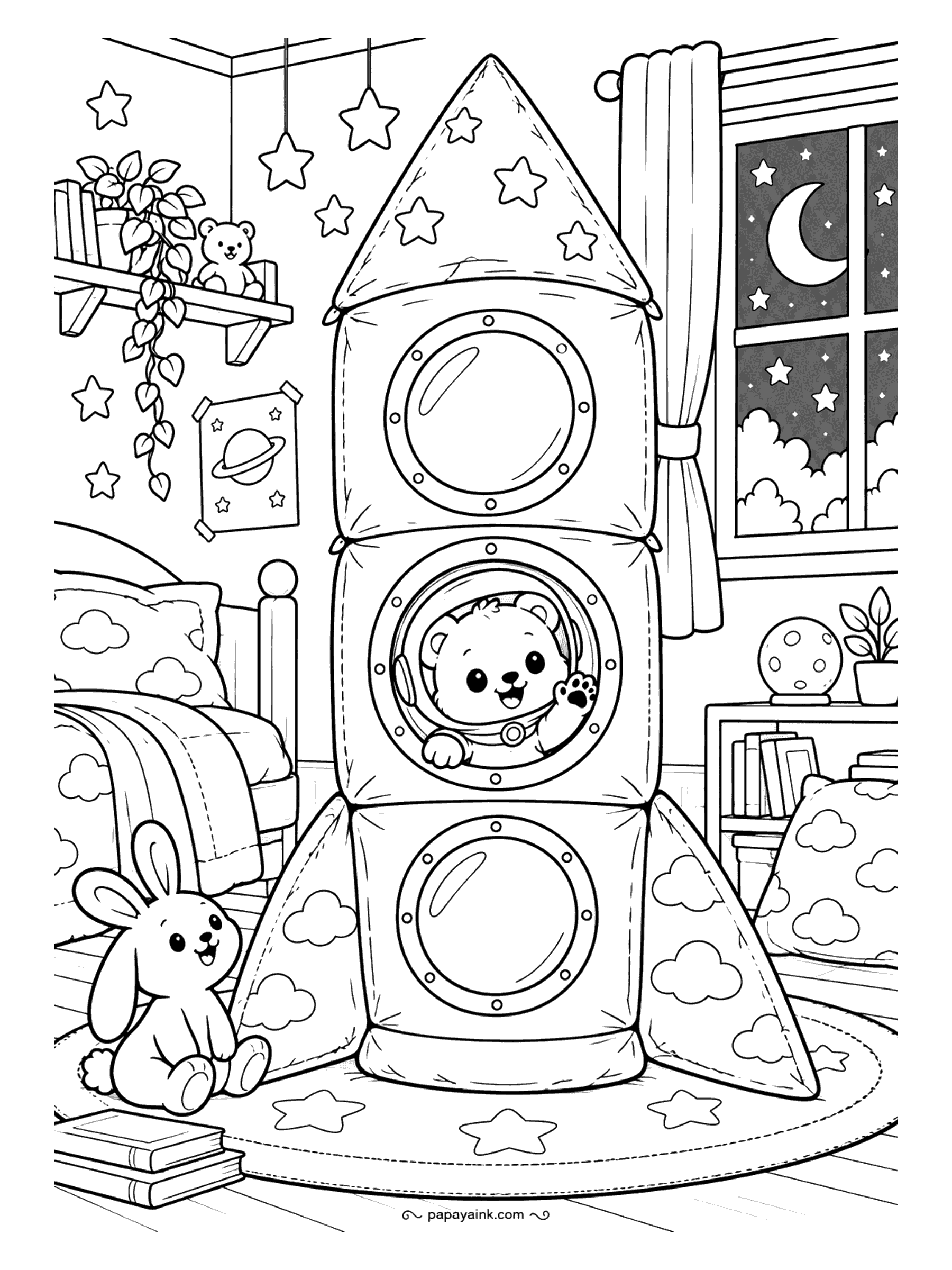 Cute Kawaii Coloring Pages - Porthole windows dot a cushion rocket where a tiny astronaut bear salutes from the cockpit of a moonlit nursery, while a stuffed bunny keeps watch.