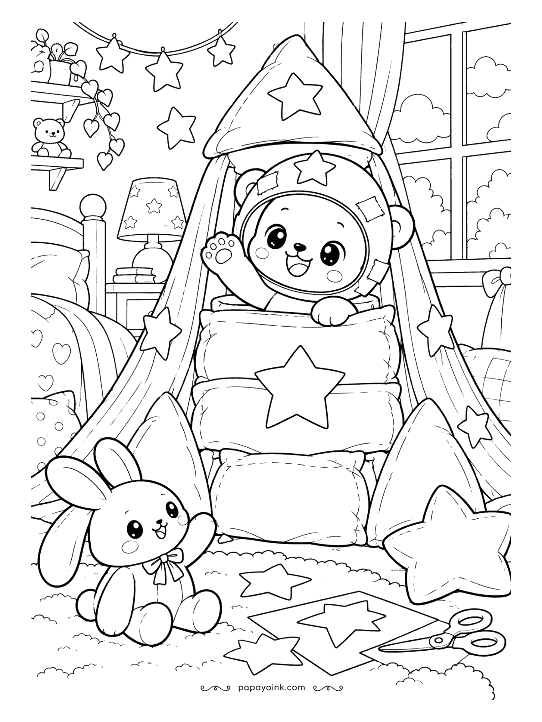 Cute Kawaii Coloring Pages - Pillows, blankets and paper stars form a snug fort where a small bear peeks out to wave at a toy rabbit resting on the rug.