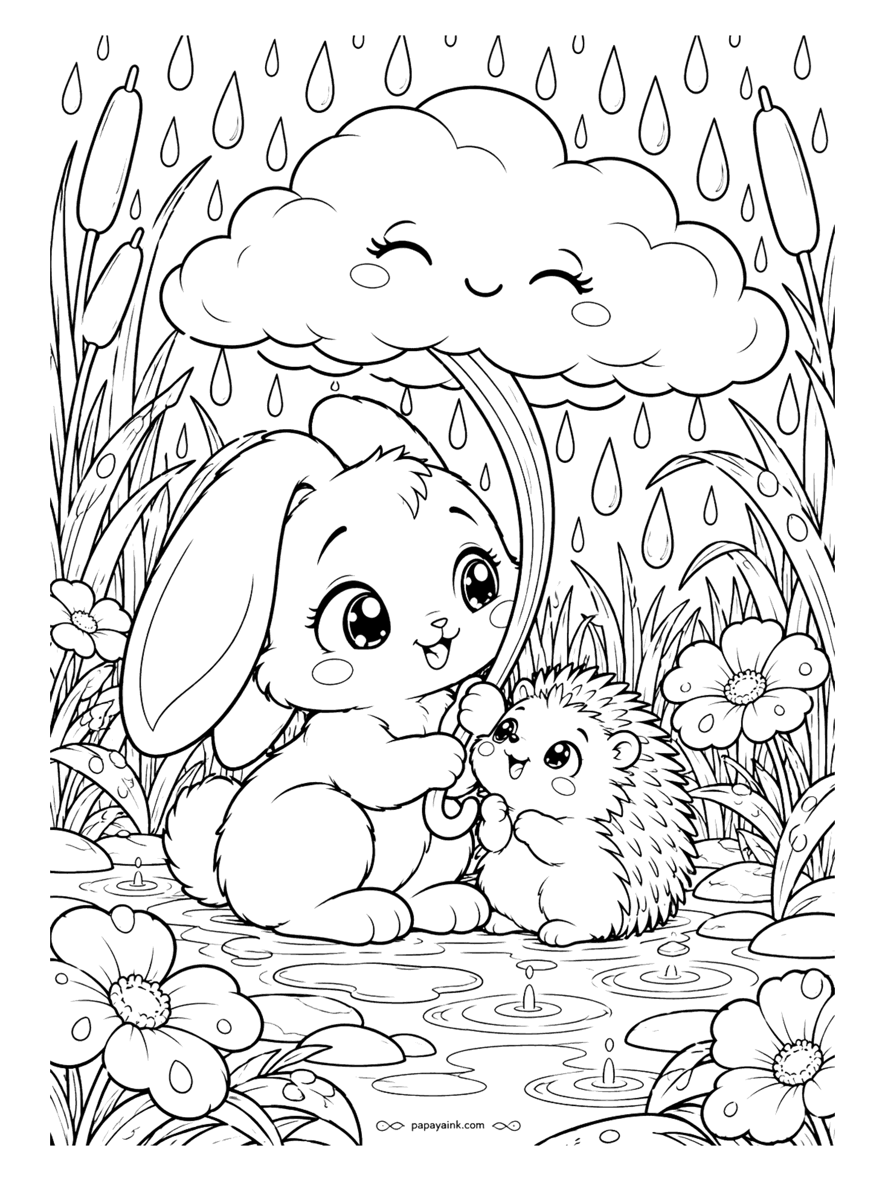 Cute Kawaii Coloring Pages - Drizzle patters on the cattails while a floppy-eared bunny and a spiky hedgehog huddle together beneath a smiling storm cloud on a stem.