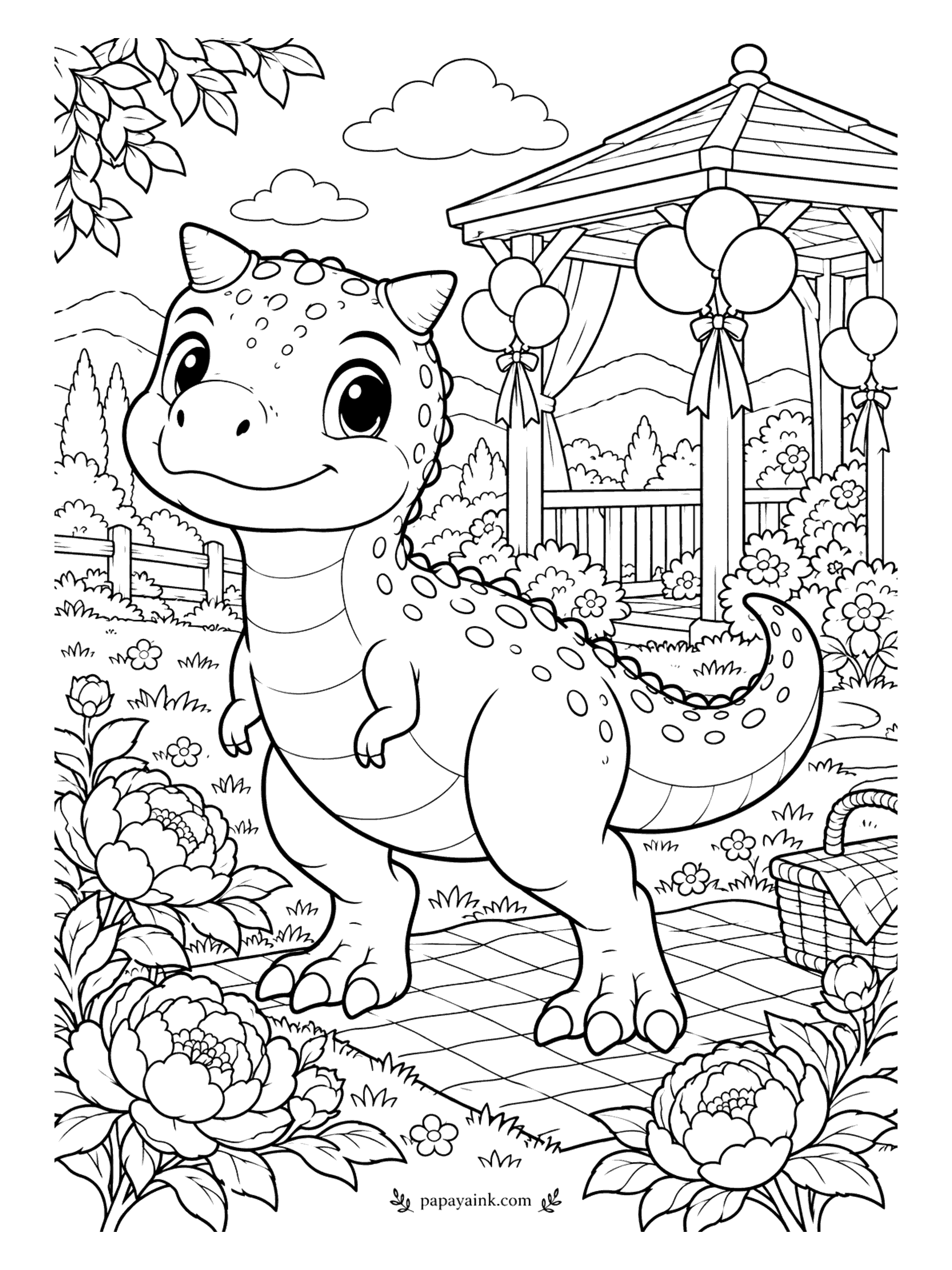 Cute Dinosaur Coloring Pages - Balloons on every post of the gazebo, a picnic hamper waiting, peonies in bloom: the carnotaurus is ready for the party. Two little horns, a happy grin and a polka-dot hide. Detailed - plenty of flowers and lattice.
