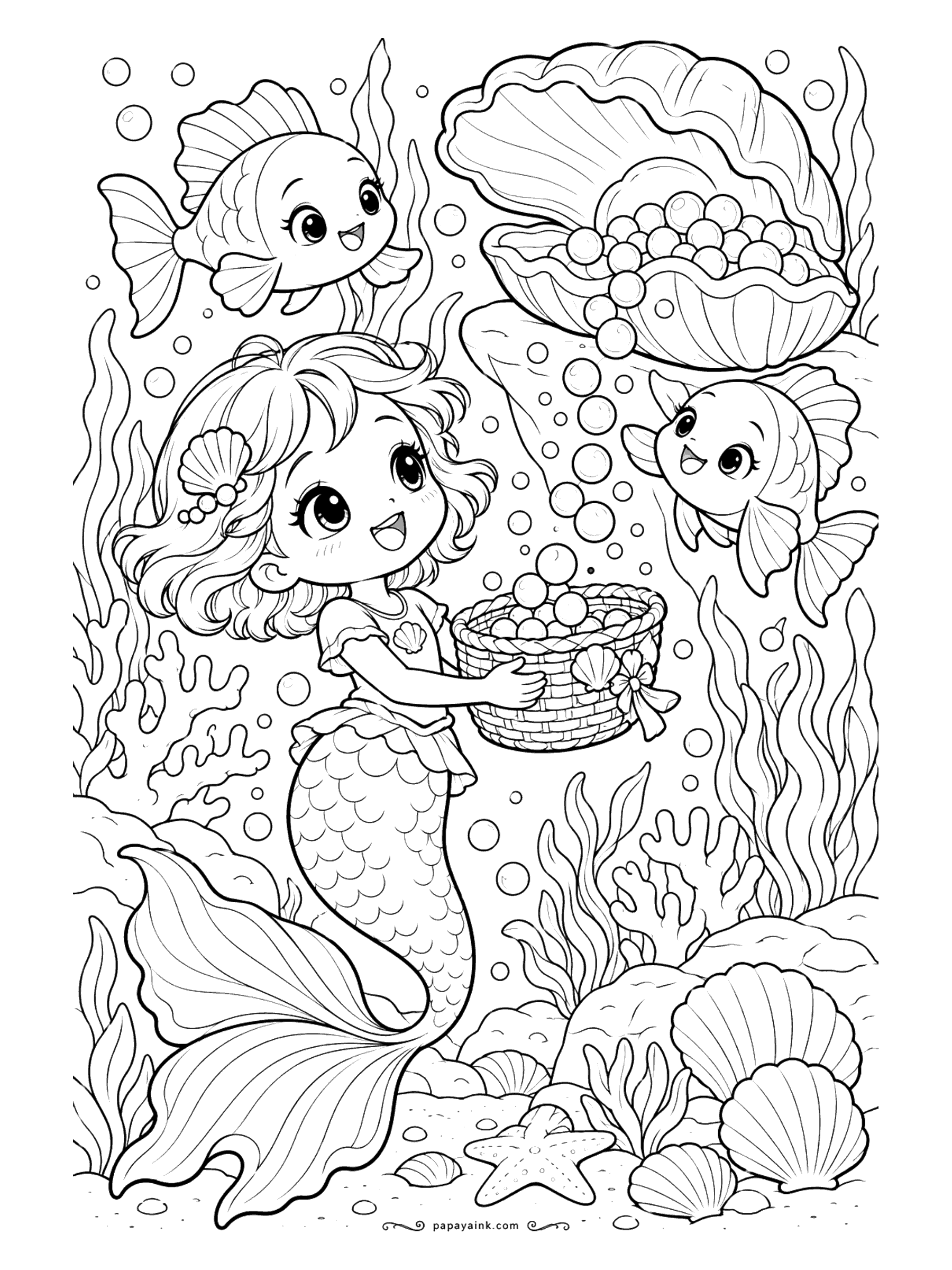 Cute Mermaid Coloring Pages - Pearls spill from a giant clam and a chibi mermaid catches them in a woven basket, cheered on by a pair of round, smiling fish.