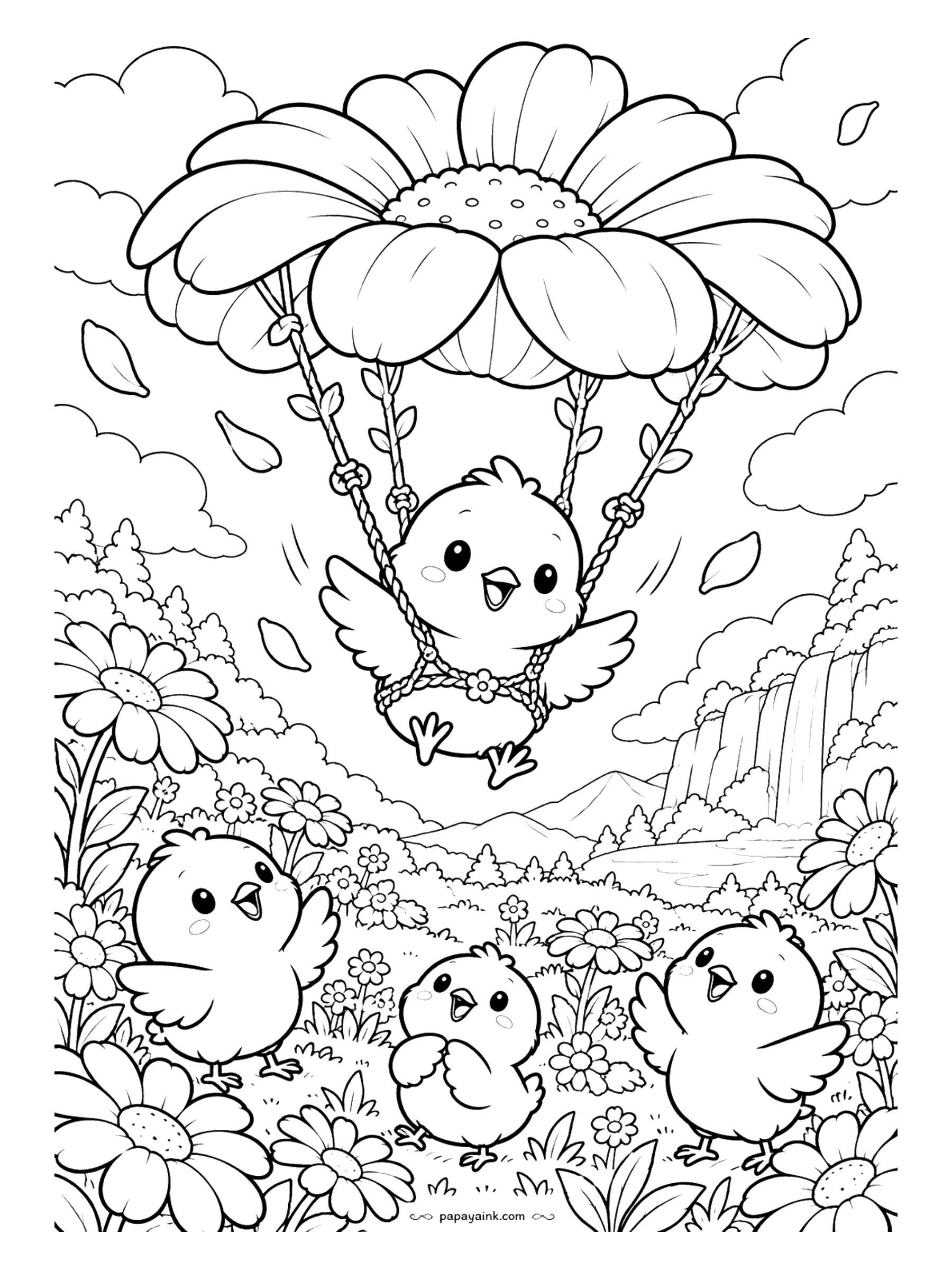 Cute Kawaii Coloring Pages - A daisy parachute carries a downy chick over a wildflower field, where chirping pals cheer from below and a waterfall glimmers in the distance.
