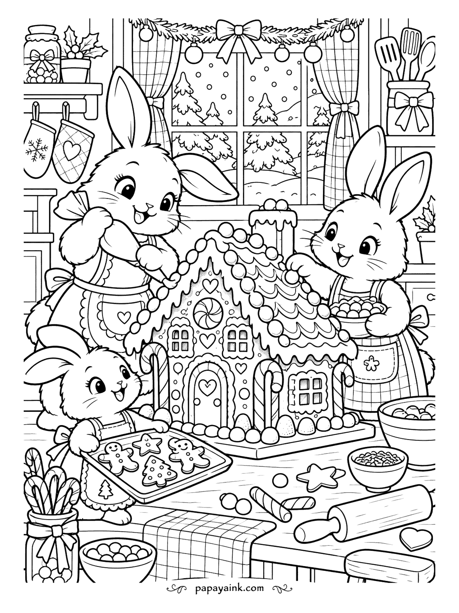 Cute Christmas Coloring Pages - Icing on the roof, gumdrops on the path, candy canes by the door: three bunnies in aprons are building a gingerbread house, and the smallest has just pulled a tray of cookies from the oven. Checked curtains and mittens hang by the window.