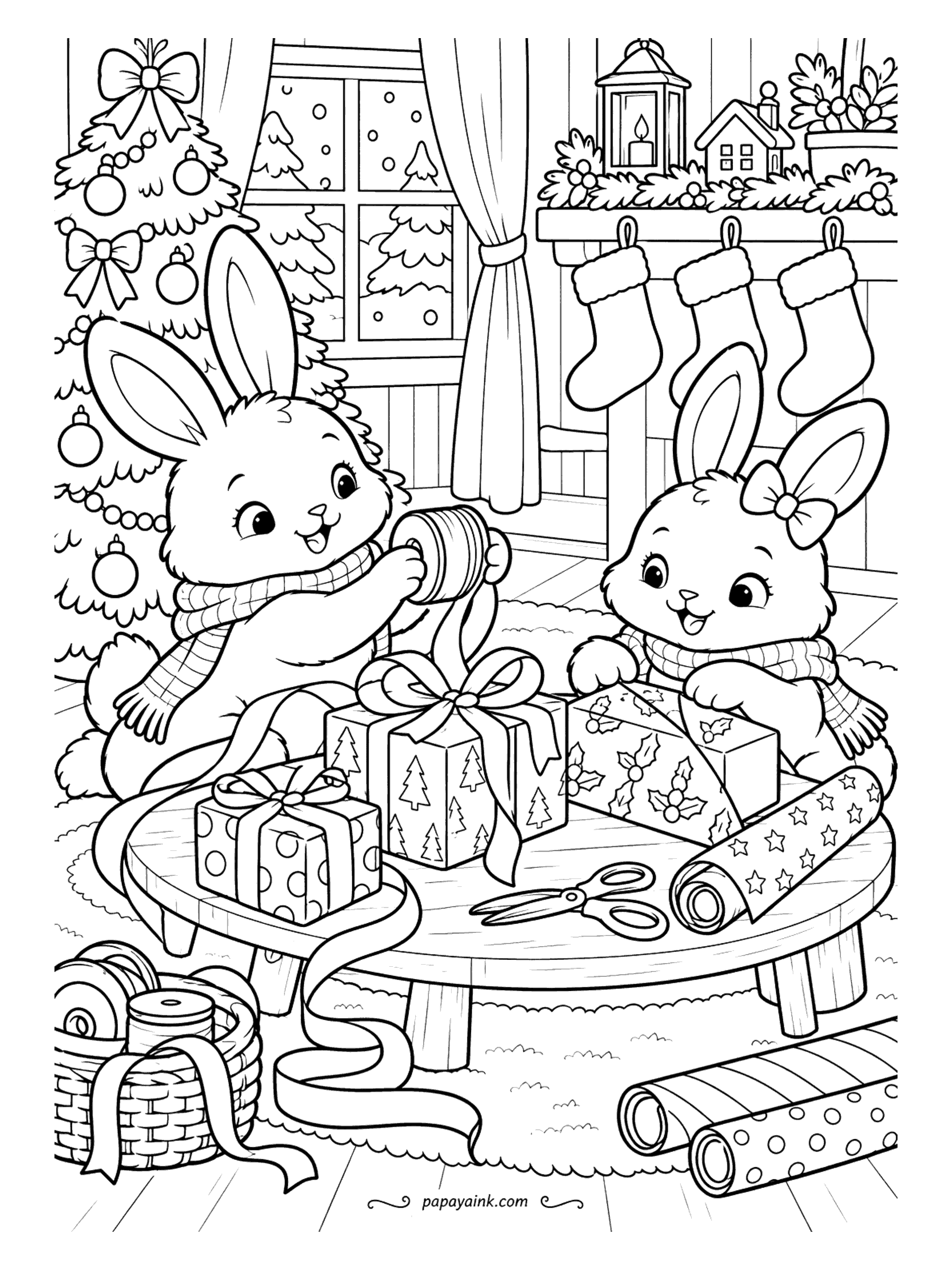 Cute Christmas Coloring Pages - Ribbon everywhere and not a single bow finished yet. Two bunnies in scarves wrap gifts on a low table beside the tree, with stockings hanging over the fireplace behind them. Lots of patterned paper to color.