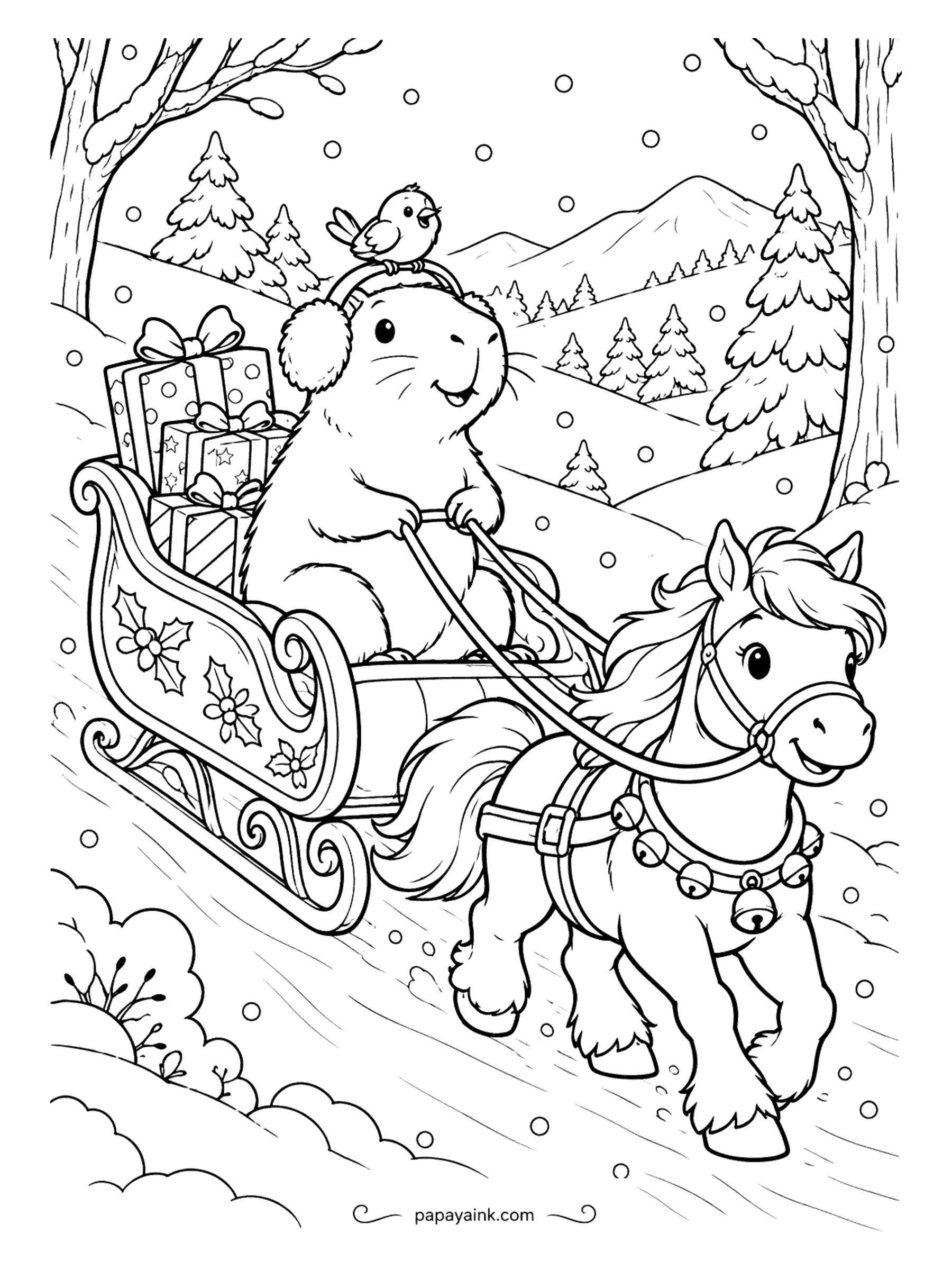 Cute Christmas Coloring Pages - A capybara in earmuffs drives a sleigh full of gifts, pulled by a pony with jingle bells on its harness. A tiny bird hitches a ride on the capybara's head. Hills and pines roll by in the distance.