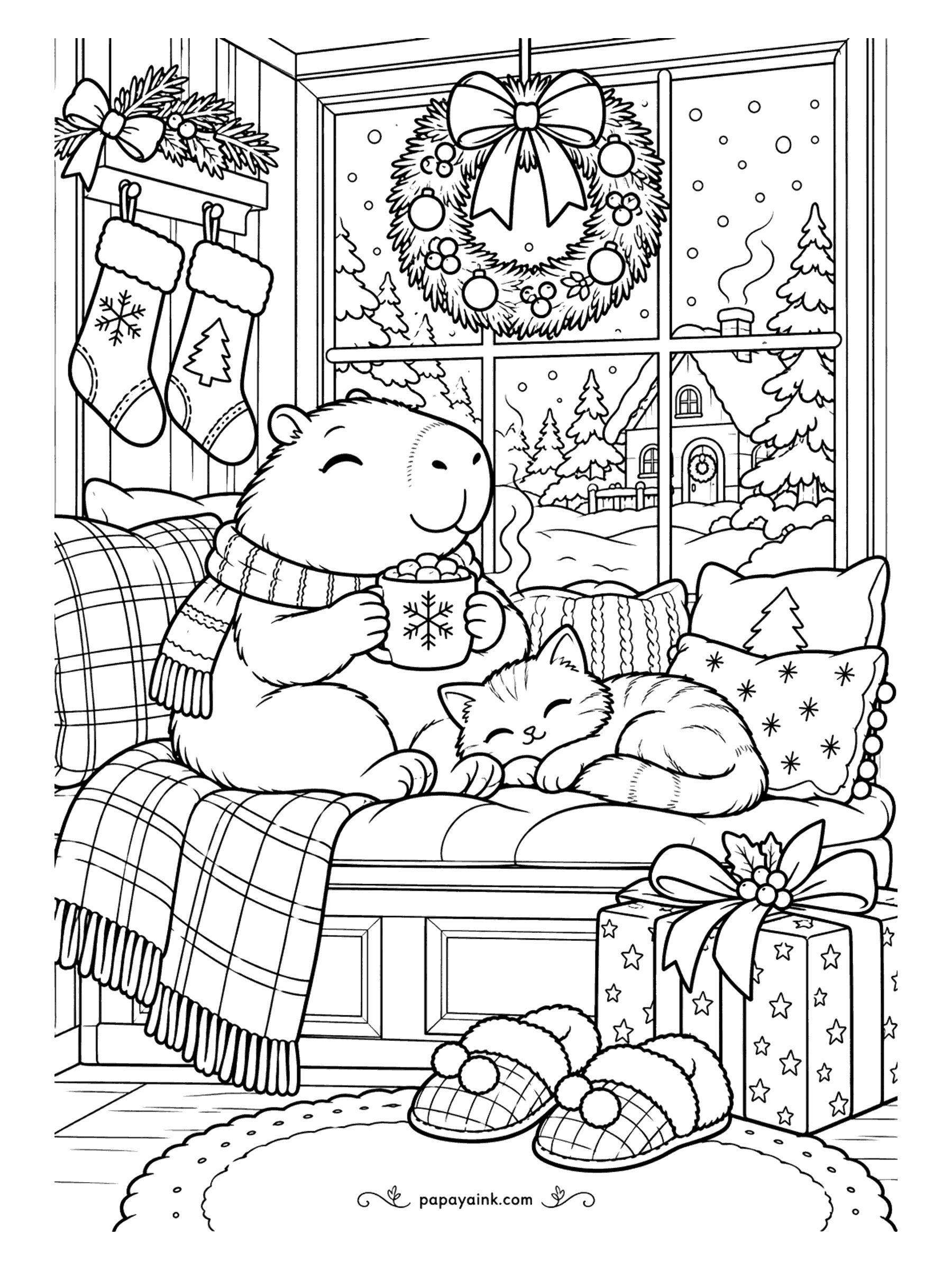 Cute Christmas Coloring Pages - Wrapped in a scarf, a capybara sips cocoa in a cushioned window seat, a kitten fast asleep beside it under a plaid blanket. Stockings hang above, fluffy slippers sit on the rug. A cozy, quiet page.