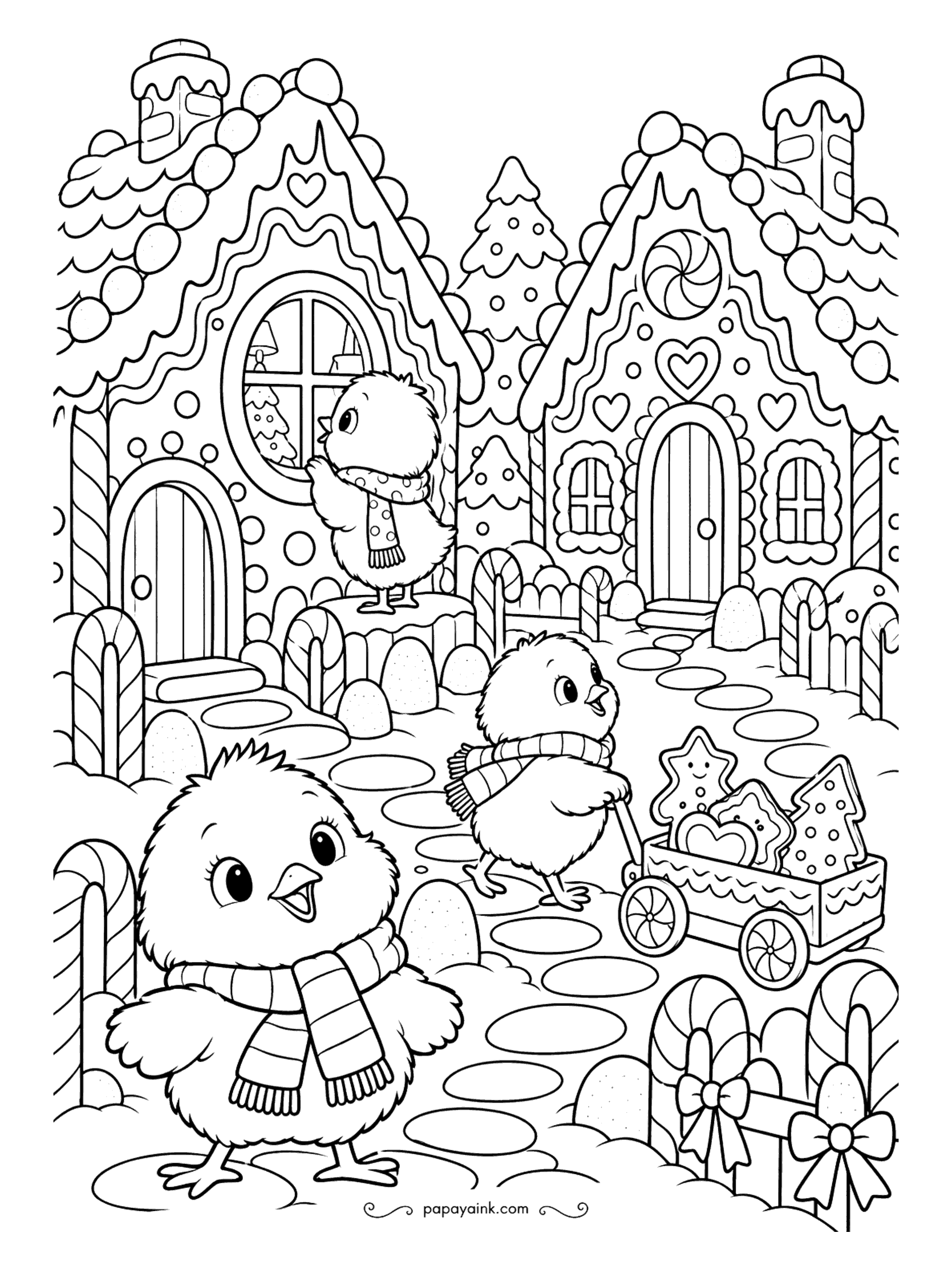 Cute Christmas Coloring Pages - Gingerbread houses with icing roofs and candy-cane posts line the lane, and little chicks bustle about, a third peering through a window and another pushing a cart of cookies. Every surface is decorated. Bring out the brightest colors.