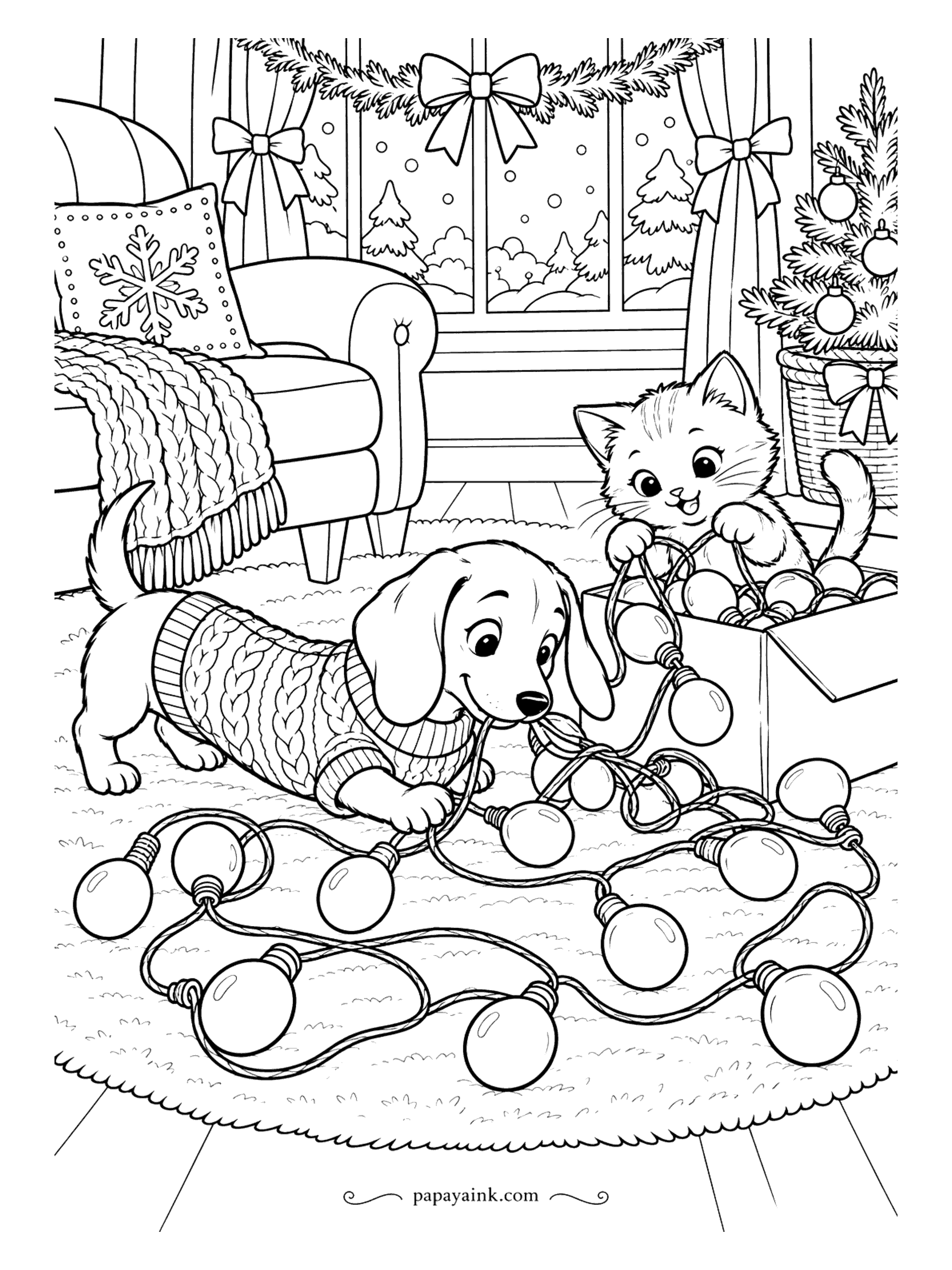 Cute Christmas Coloring Pages - The dachshund in a cable-knit sweater was supposed to help with the lights. Instead it has the whole string in its mouth, and a kitten is unpacking another box behind it. A cozy living room with an armchair and window.