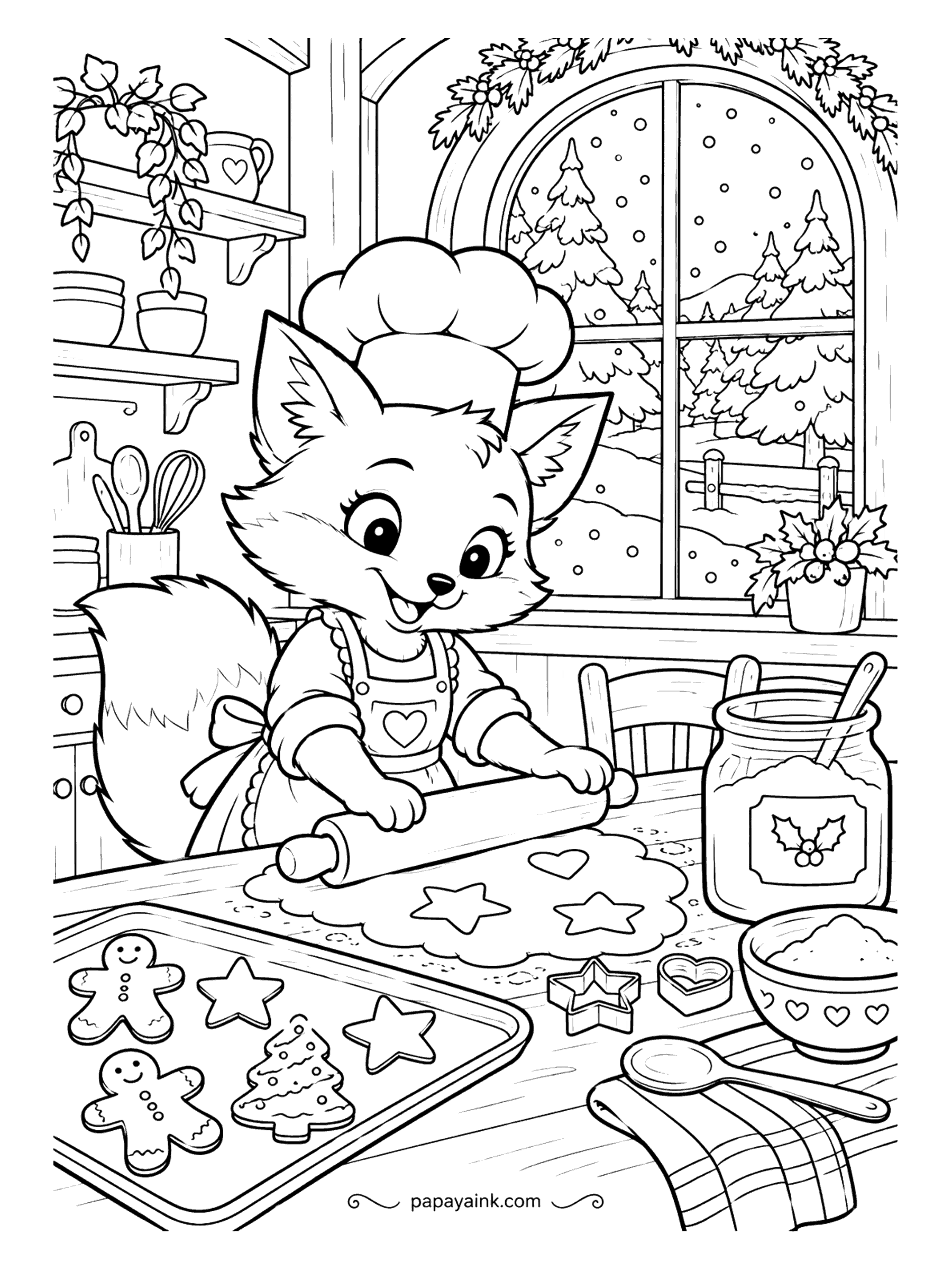 Cute Christmas Coloring Pages - Rolling pin in paw, chef's hat on, the little fox is turning dough into stars and hearts while a tray of gingerbread men cools nearby. Snow falls past the kitchen window. Warm browns for the cookies, a pop of red for the jam jar.