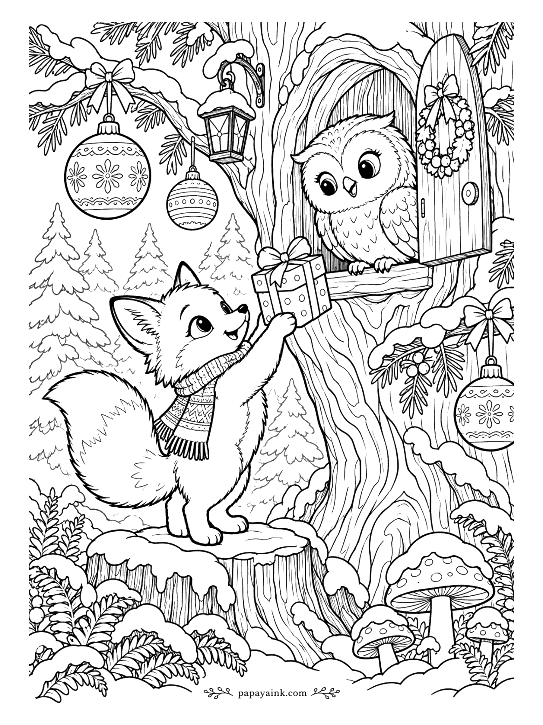 Cute Christmas Coloring Pages - An owl lives in the hollow tree, and a fox on a snowy stump is passing a gift box up to its front door. Ornaments and a lantern hang from the branches, toadstools crowd the roots. The owl's little round door even has a wreath.