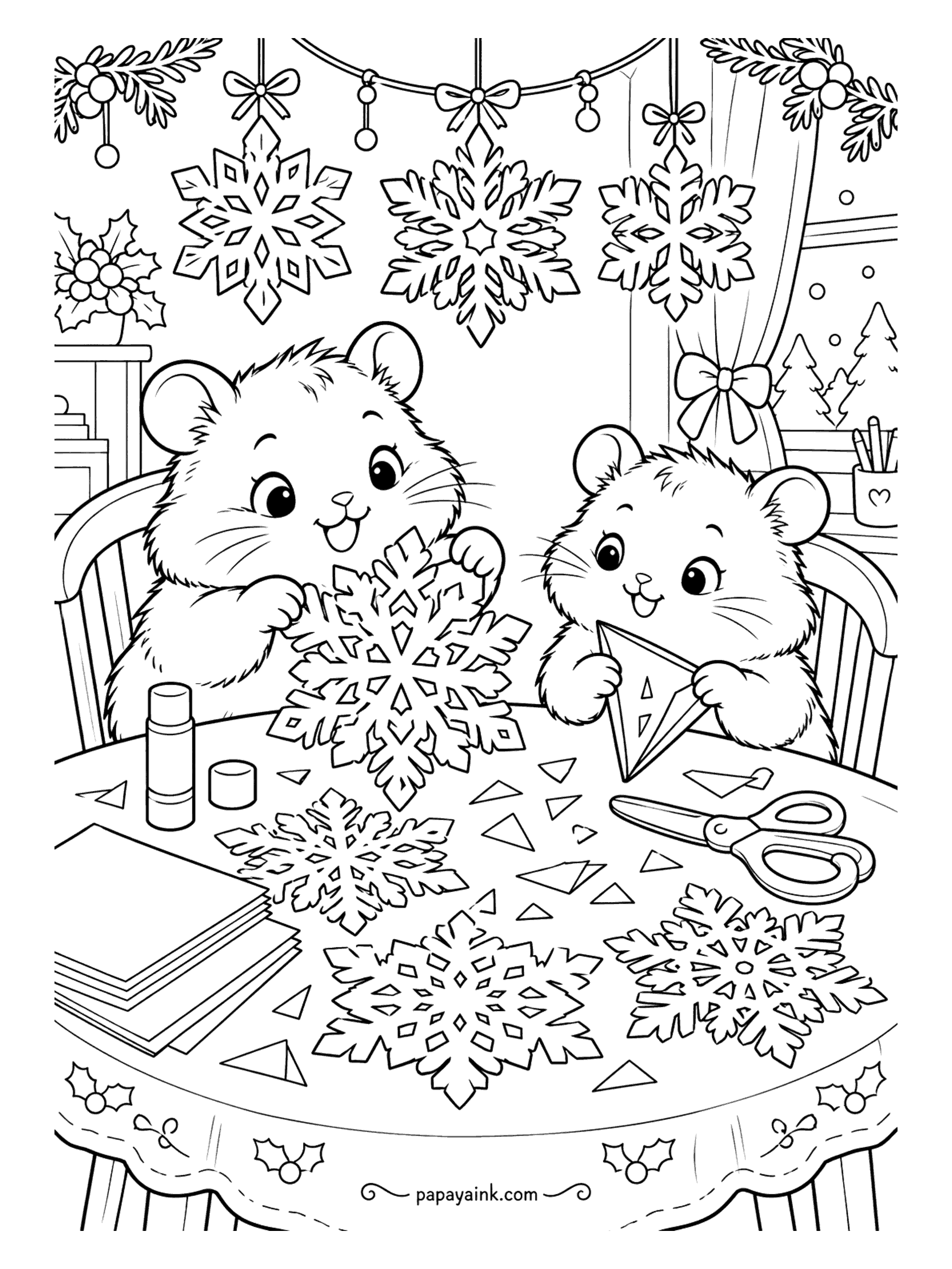 Cute Christmas Coloring Pages - Fold, snip, unfold: two hamsters cut paper snowflakes at the table, scraps scattered around the scissors. Finished snowflakes hang in the window above. Each snowflake has its own pattern - perfect for thin markers or simply left white.
