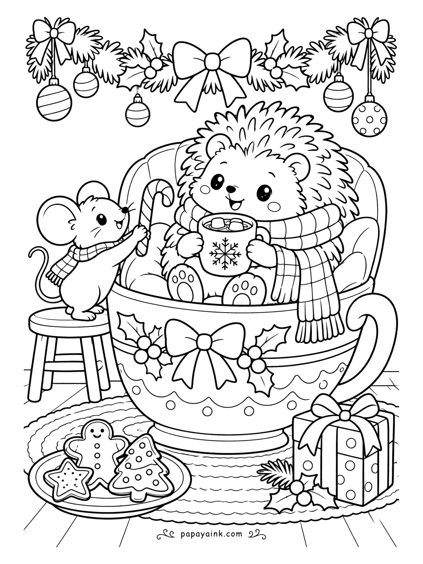 Cute Christmas Coloring Pages - A teacup big enough to sit in, and a scarf-wrapped hedgehog has done exactly that, sipping cocoa while a mouse on a stool tops it up with a candy cane. Gingerbread cookies sit on a plate below. Holly leaves trim the cup.