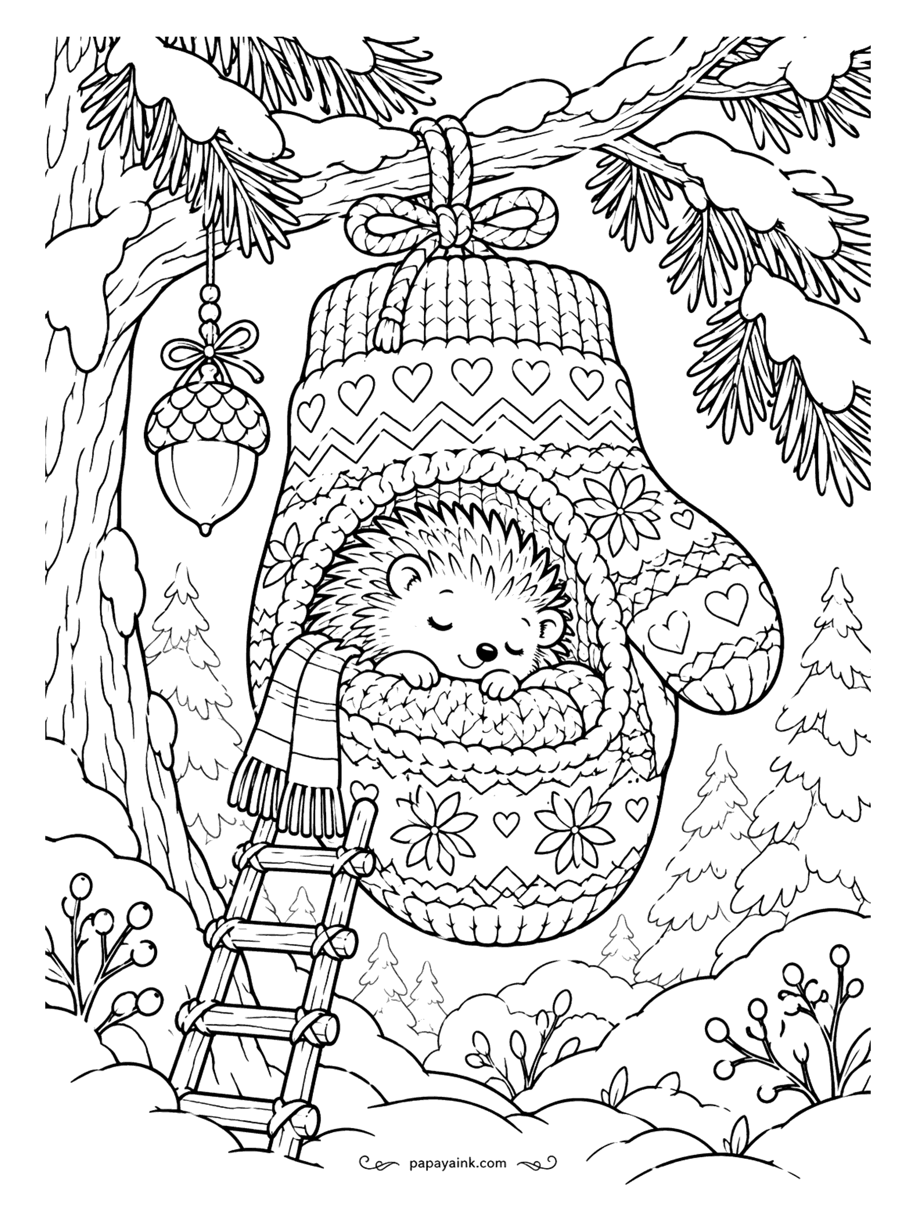 Cute Christmas Coloring Pages - A knitted mitten dangles from a frosted bough, and a hedgehog is fast asleep inside it, tucked in with a striped scarf. A rope ladder leads up to the door. Fair-isle hearts and snowflakes on the mitten make a lovely pattern.