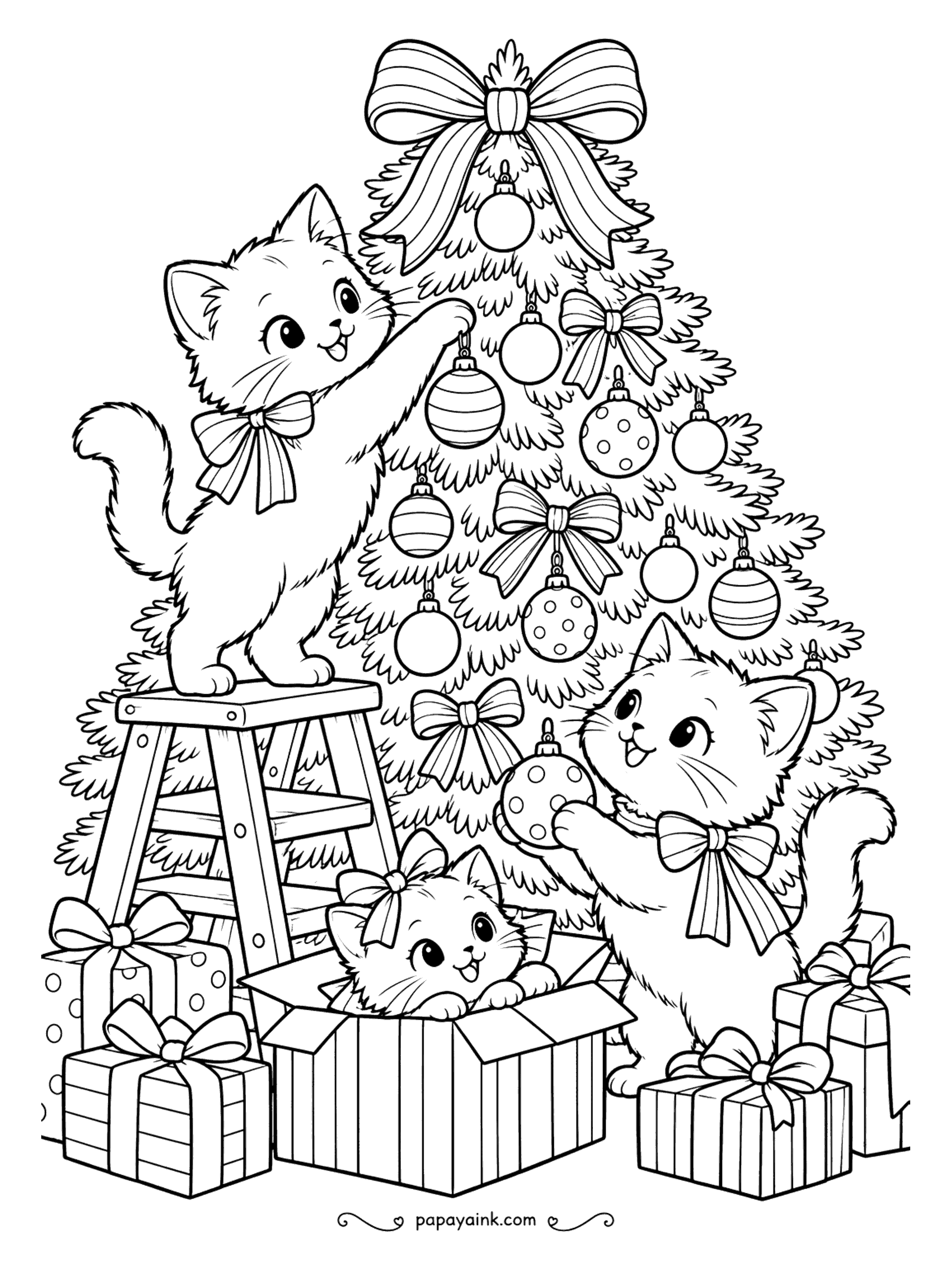 Cute Christmas Coloring Pages - Three kittens, one tree: the first on a stepladder hanging a bauble, the second reaching for a low branch, the third hiding in a gift box. Big ribbon bows climb right up to the tip. A busy, happy page.