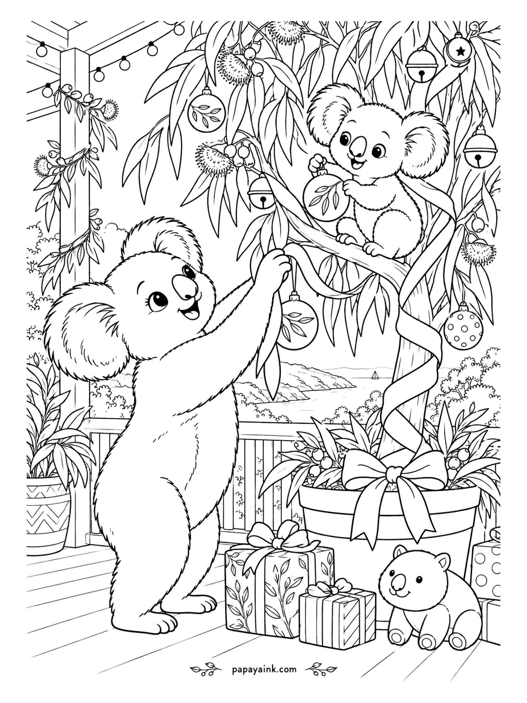 Cute Christmas Coloring Pages - Australia's Christmas falls in summer, so these koalas decorate a eucalyptus instead of a pine - the bigger one hangs a bauble, the joey clings above with a bell. A wombat sits by the gift pile on the deck.