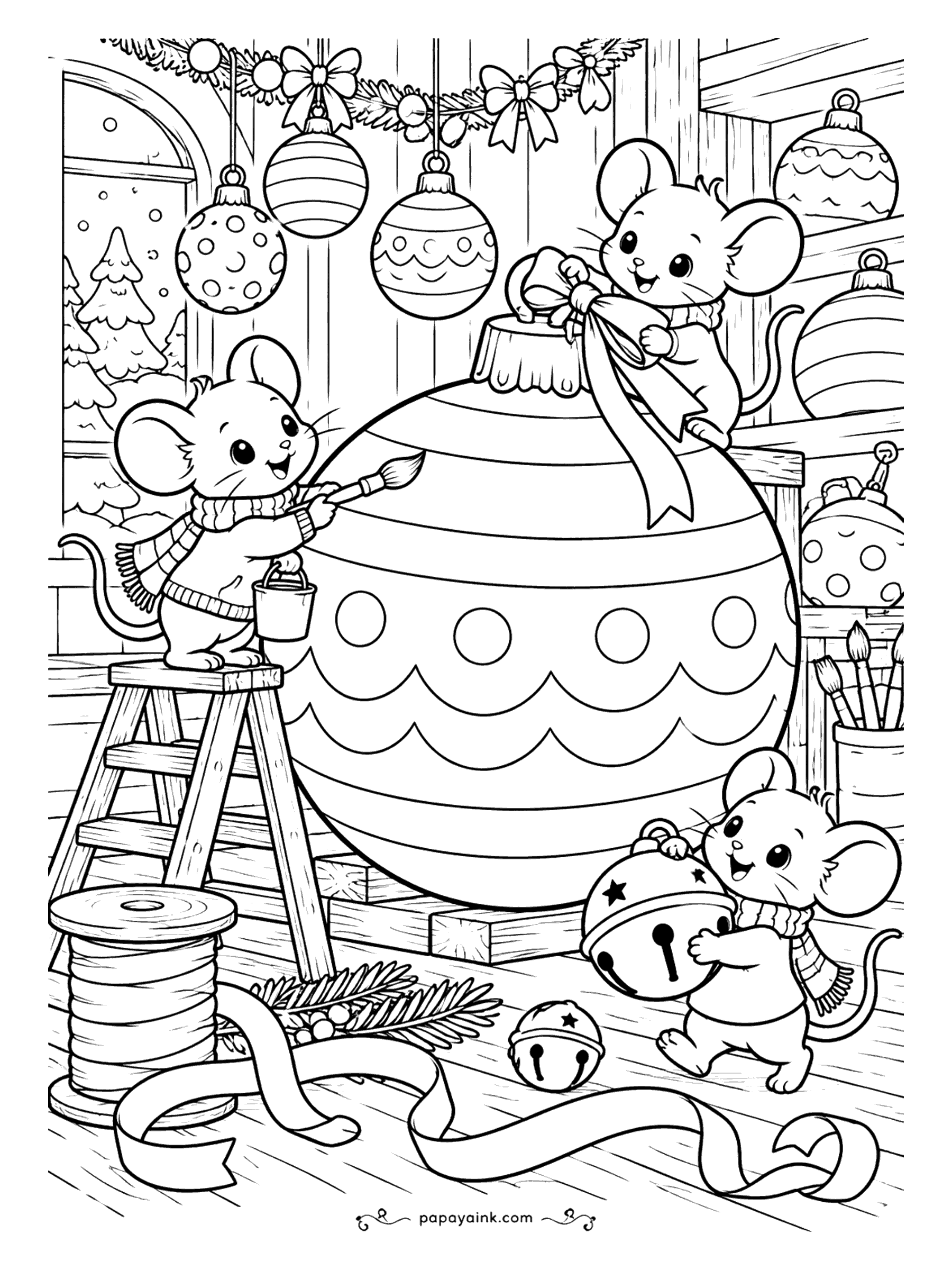 Cute Christmas Coloring Pages - A bauble taller than a ladder needs a whole team: a mouse paints dots perched up the ladder, another ties a bow on the cap, and the smallest rolls a jingle bell across the floor. Thread reels and paintbrushes litter the floor.