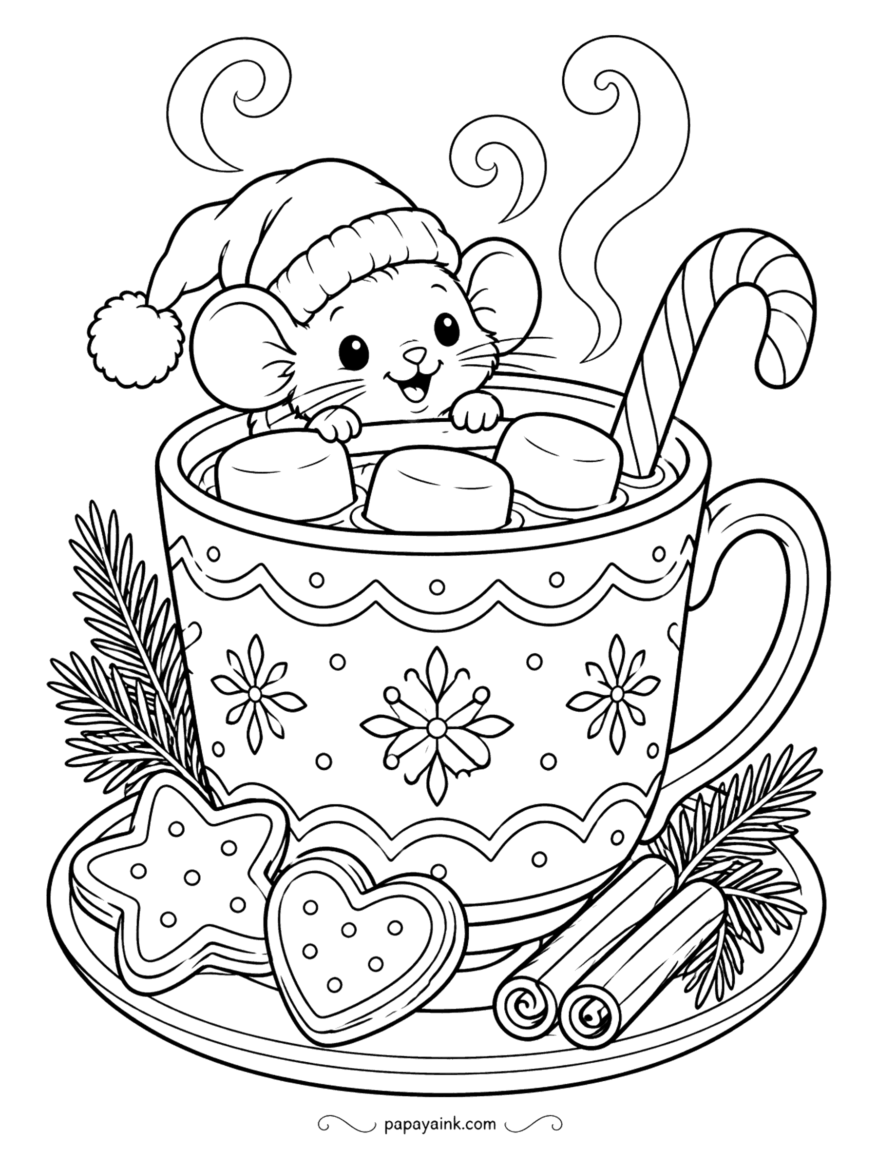 Cute Christmas Coloring Pages - A mouse in a Santa hat has claimed the best seat in the house: a mug of cocoa piled with marshmallows, a candy cane leaning on the rim. Gingerbread hearts and stars wait on the saucer. Fill in the mug's snowflake pattern.