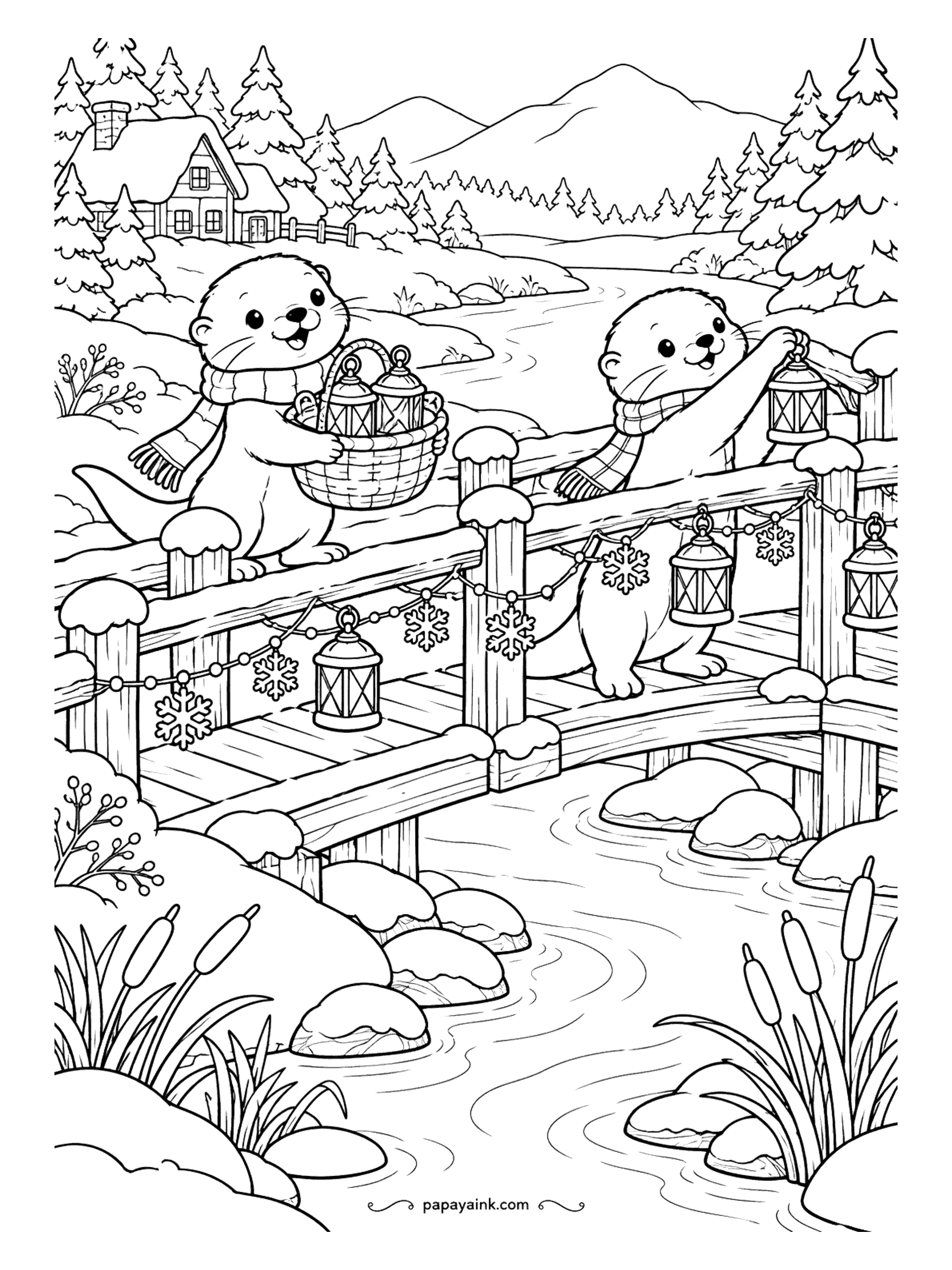 Cute Christmas Coloring Pages - Lanterns are going up along the wooden bridge, and two otters in scarves are in charge - one holding the basket, the other hanging the next light. A river winds past icy rocks below. Cattails and a cottage in the distance.