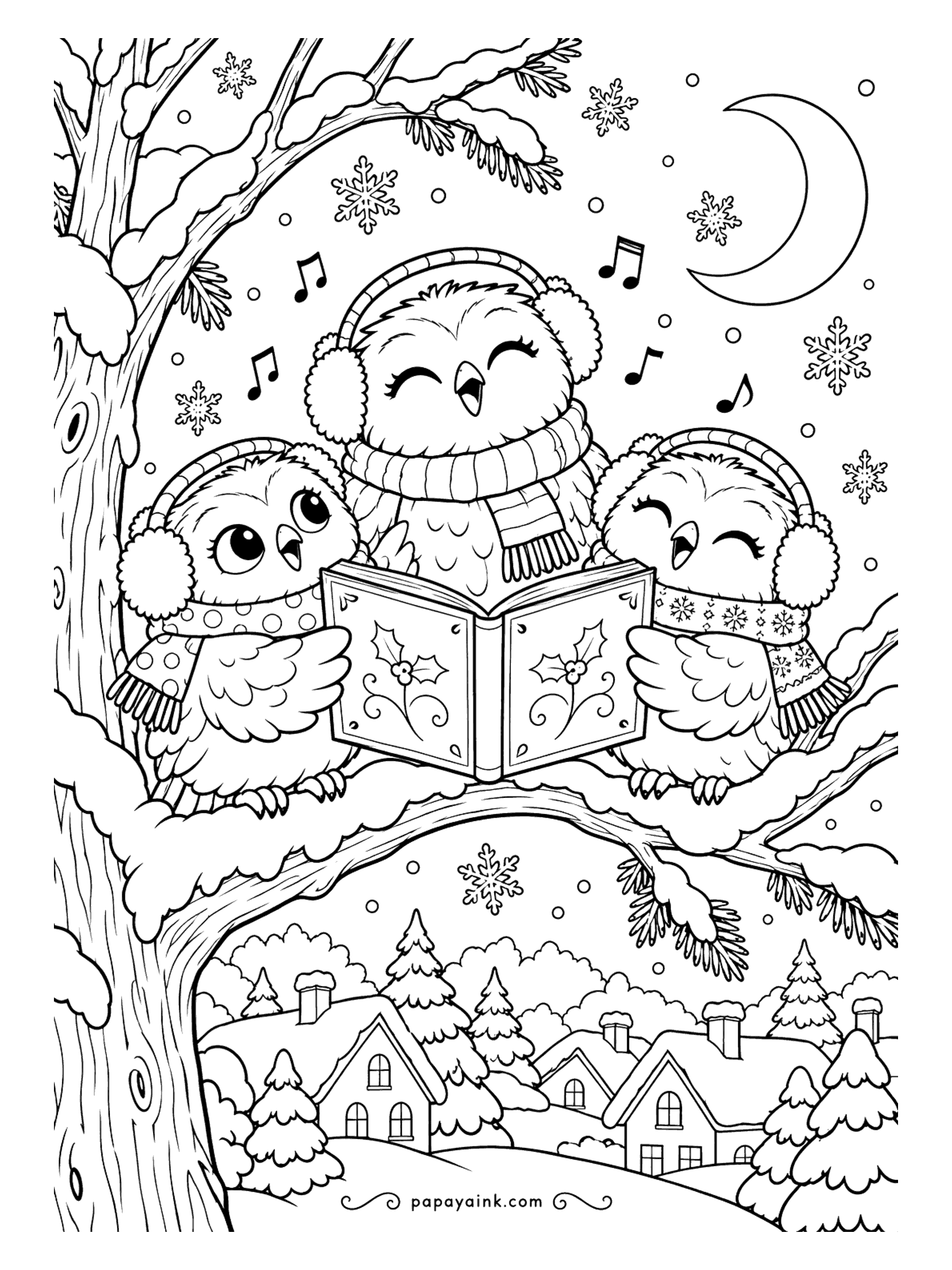 Cute Christmas Coloring Pages - Three owls in earmuffs share one songbook on a branch, beaks open mid-carol, while musical notes drift up toward a crescent moon. Cozy houses sit in the valley below. Night blues and warm scarf colors.