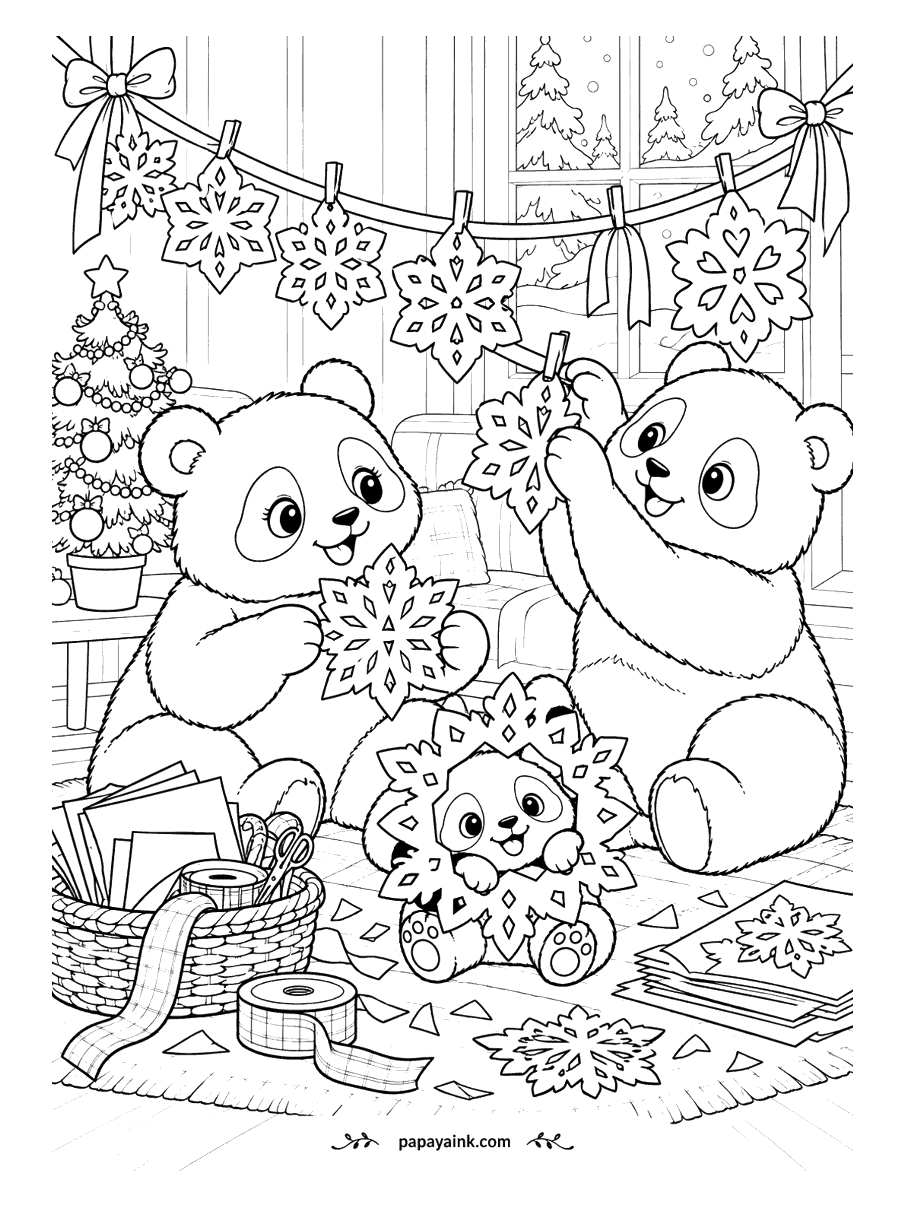 Cute Christmas Coloring Pages - Snip, fold, hang: two pandas and their cub fill the room with paper snowflakes, stringing them along a line under the windows. A basket of paper and tape sits on the rug. Every snowflake makes a tiny puzzle.
