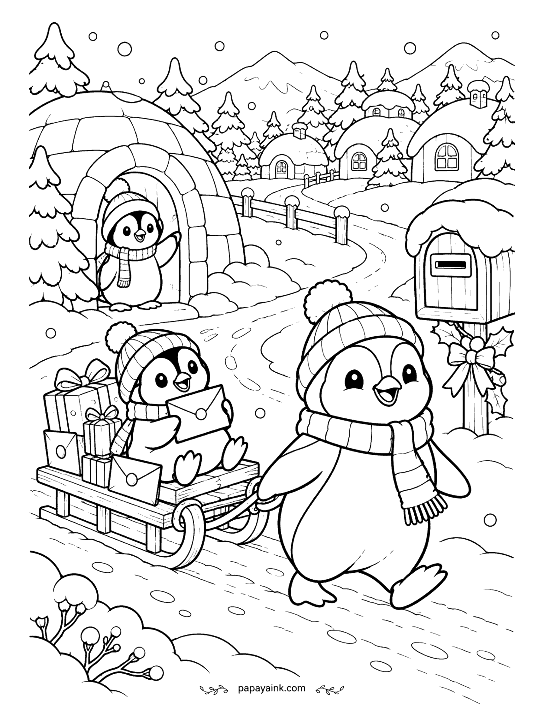 Cute Christmas Coloring Pages - Special delivery by sled: a penguin pulls as its buddy rides on a heap of letters and parcels, and a third waves from the door of an igloo. A snow-capped mailbox stands at the bend in the path. Big rounded shapes on open snow.