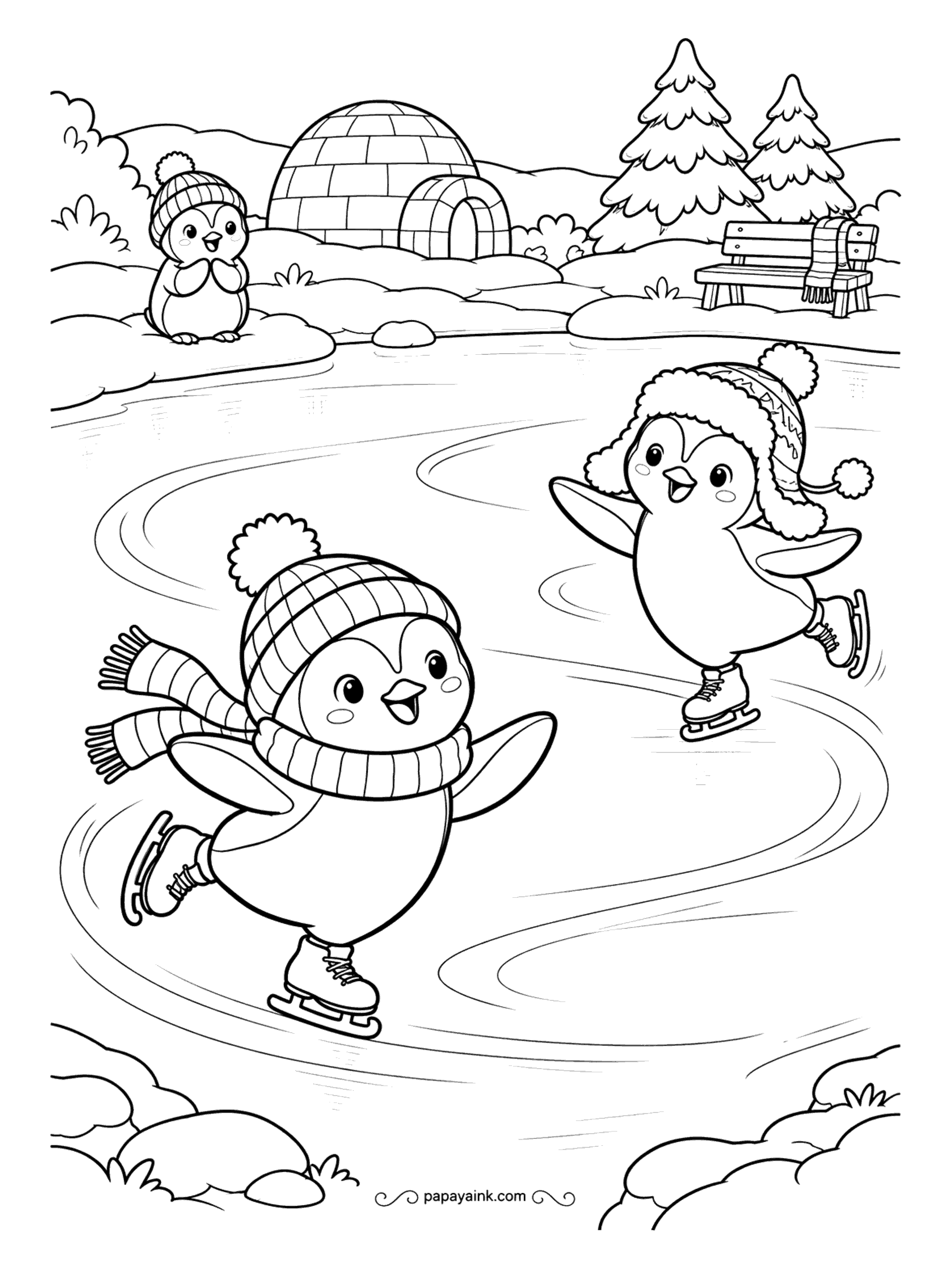 Cute Christmas Coloring Pages - Two penguins in bobble hats glide across a frozen pond, scarves flying, while a third watches from beside an igloo. Swirling skate marks loop over the ice. Simple shapes and wide open ice - great for small kids.