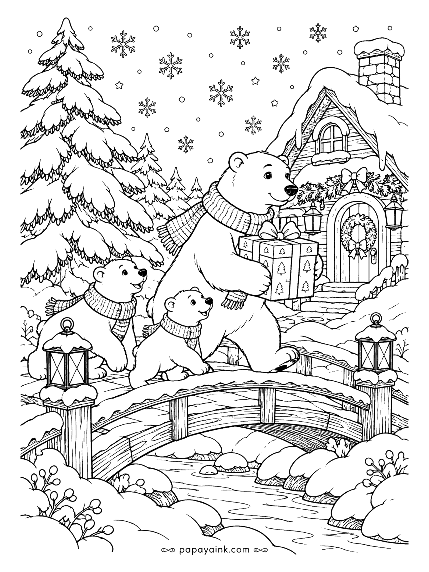 Cute Christmas Coloring Pages - A polar bear carries a wrapped present over a little wooden bridge, two cubs in matching scarves trotting at her side. Lanterns light the way to a cottage with a wreath on the door. Leave the bears mostly white and color the scarves bright.