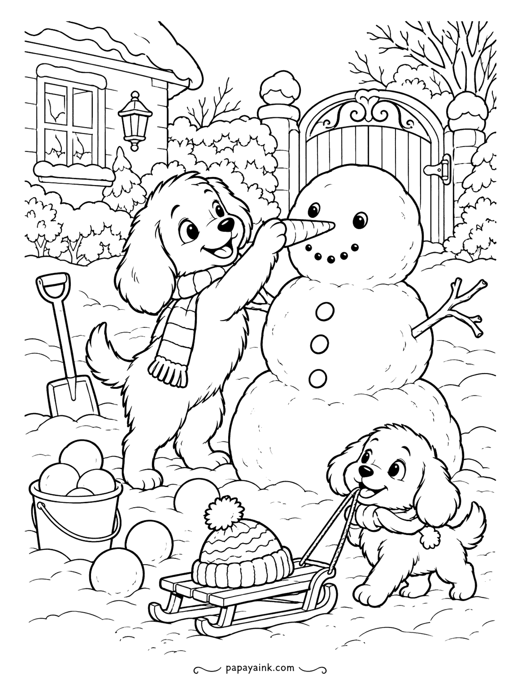 Cute Christmas Coloring Pages - A pair of puppies tackle the snowman together: the bigger pup sets a carrot nose in place, the little one drags a sled with a spare bobble hat on board. Coal buttons, stick arms, a bucket of snowballs. Shade with soft blue.