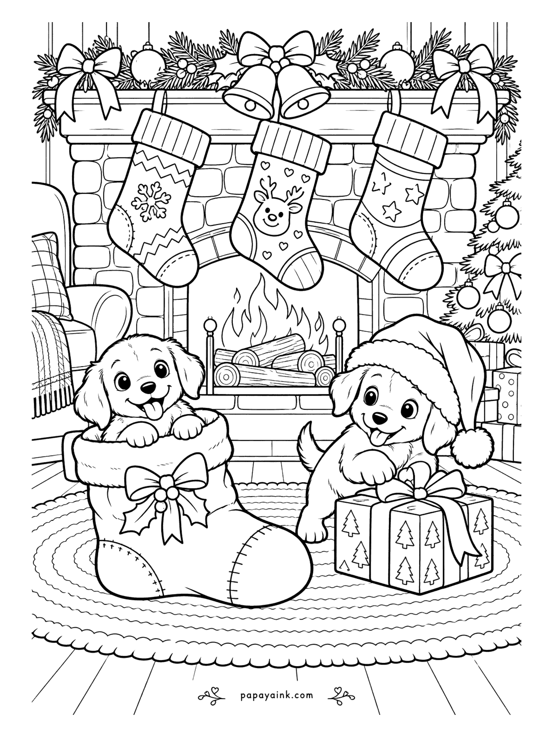 Cute Christmas Coloring Pages - A puppy has climbed right into a giant stocking while its brother in a Santa hat paws at a present on the rug. Three more stockings hang over a crackling fire, each patterned differently - snowflake, reindeer, stars.