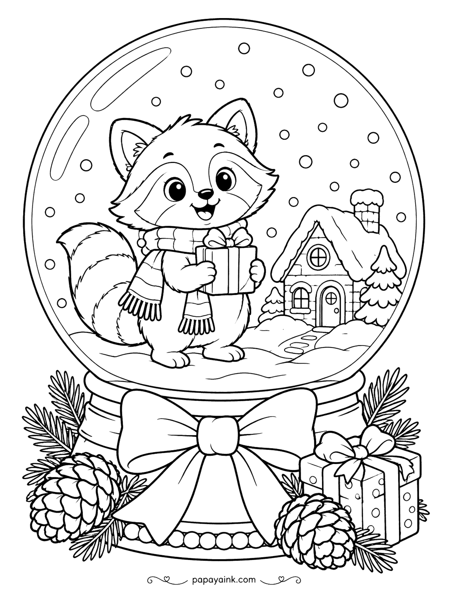 Cute Christmas Coloring Pages - Inside a snow globe, a little raccoon in a scarf holds a wrapped present in front of a snow-capped cottage. The base is tied with a giant bow and framed by pine cones. Shake-the-globe snow dots everywhere.