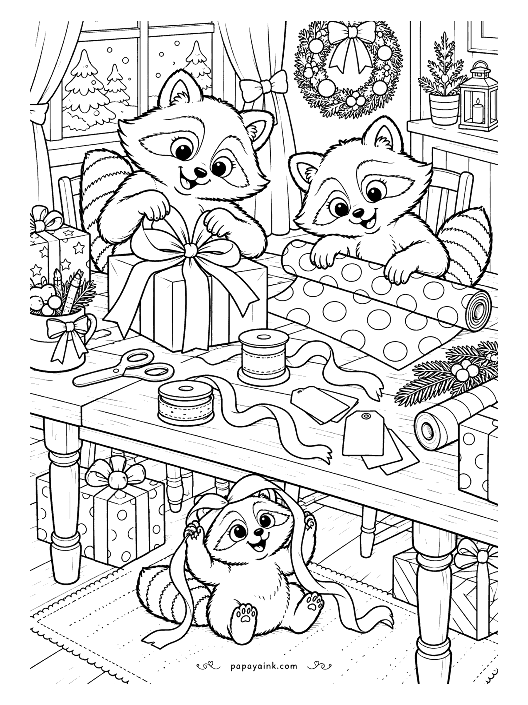 Cute Christmas Coloring Pages - Raccoon gift-wrapping hour: two of them work at the kitchen table, tying bows and unrolling polka-dot paper, while a little sibling tangles itself in ribbon underneath. Tape, scissors and gift tags are scattered across the tabletop.