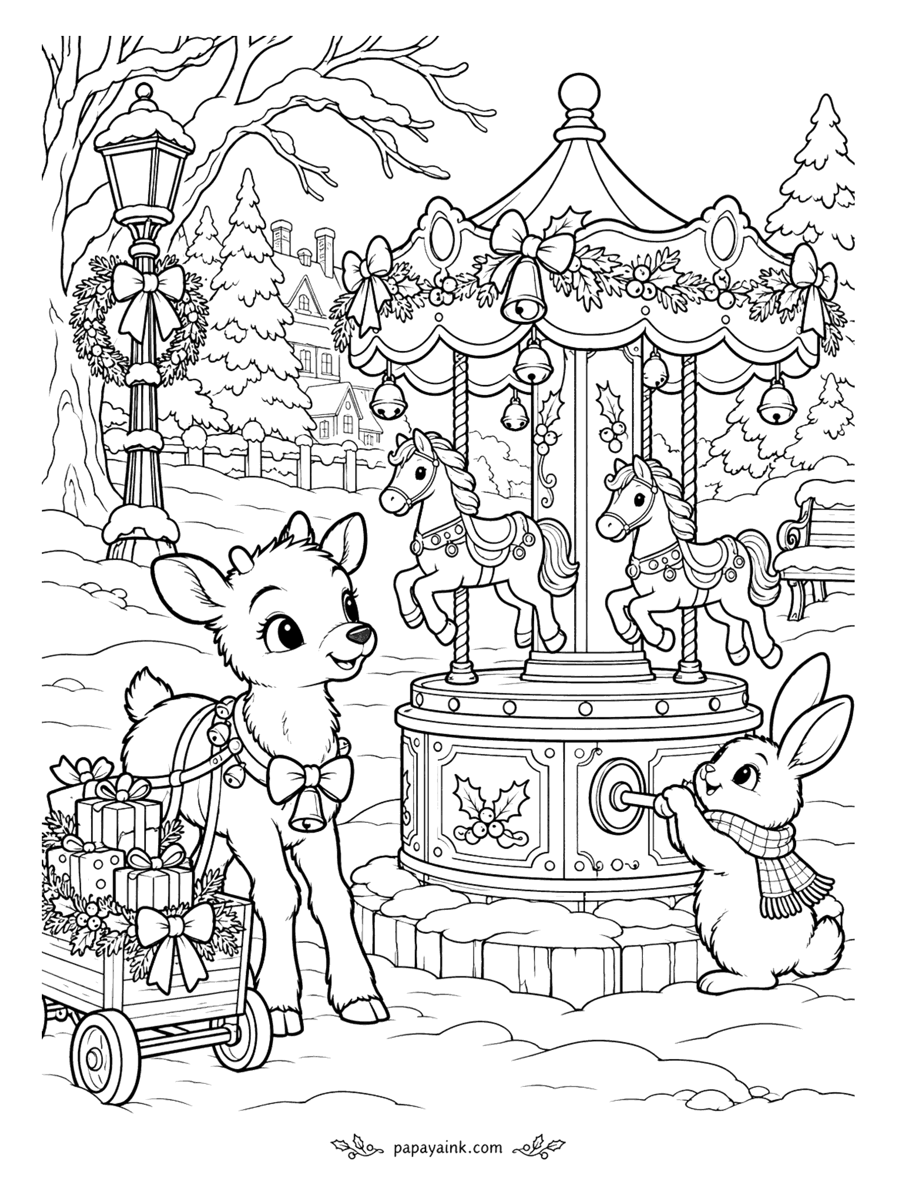 Cute Christmas Coloring Pages - A holiday carousel spins in the park with ponies decked in bows and bells. A fawn pulls a little cart of presents, and a bunny in a scarf reaches up to press the start button. A lamppost with a wreath stands nearby.