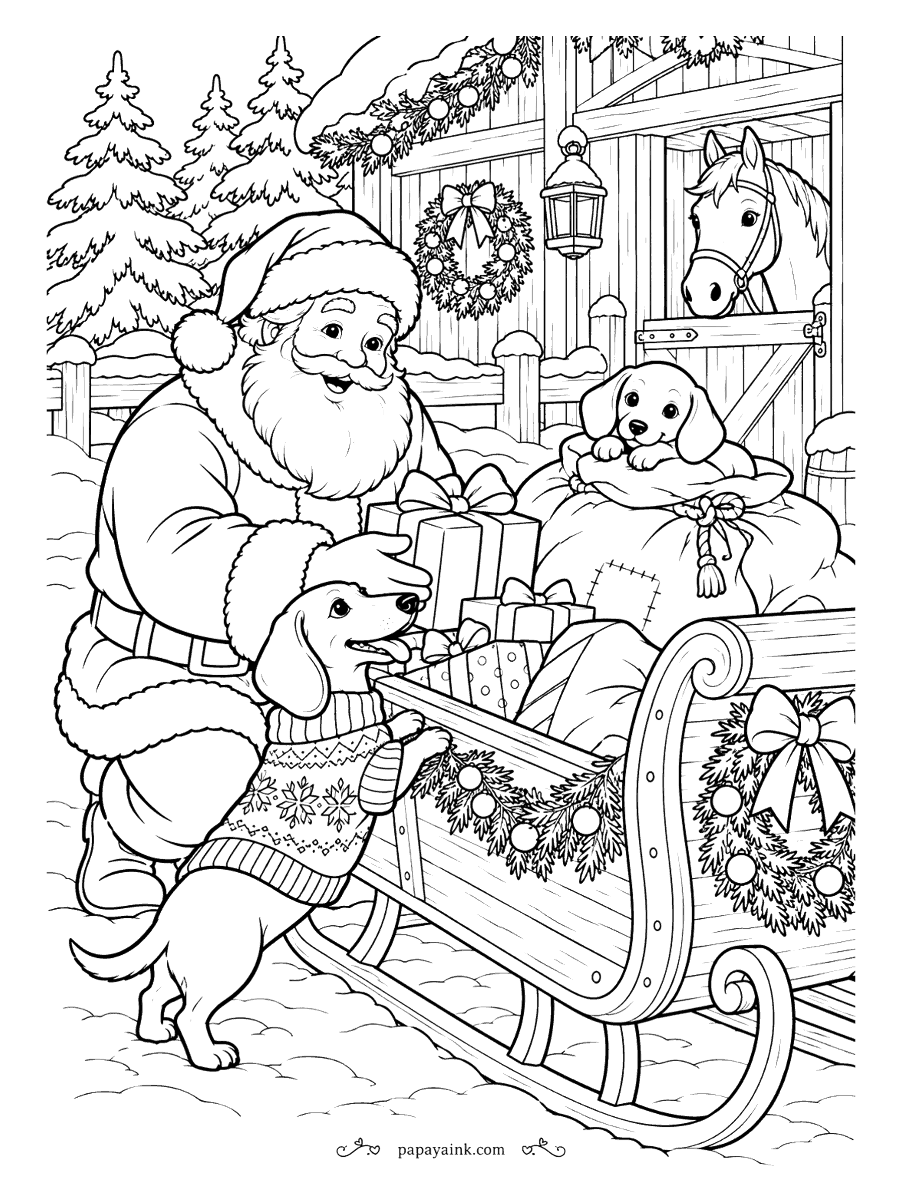 Cute Christmas Coloring Pages - Santa loads the sleigh while a sweater-clad dachshund stands on its hind legs to help, and a puppy pops up from the gift sack. A horse watches from the stable behind. Garlands and wreaths wrap the sleigh runners.