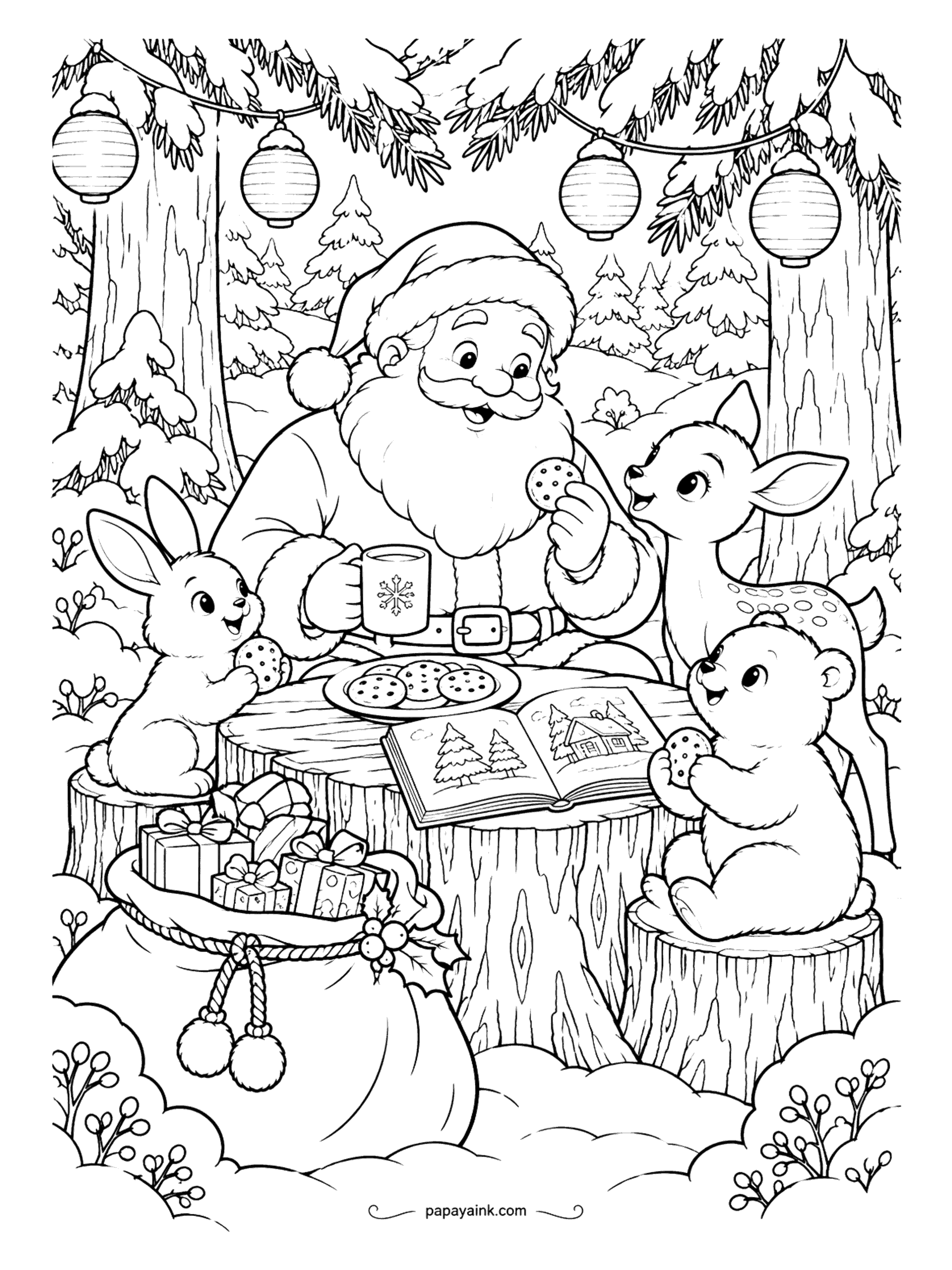 Cute Christmas Coloring Pages - Santa takes a cookie break deep in the winter woods, mug in hand, with a bunny, a fawn and a bear cub sharing the treats around a stump table. A sack of gifts waits at his boots under paper lanterns. Lots of red to use.