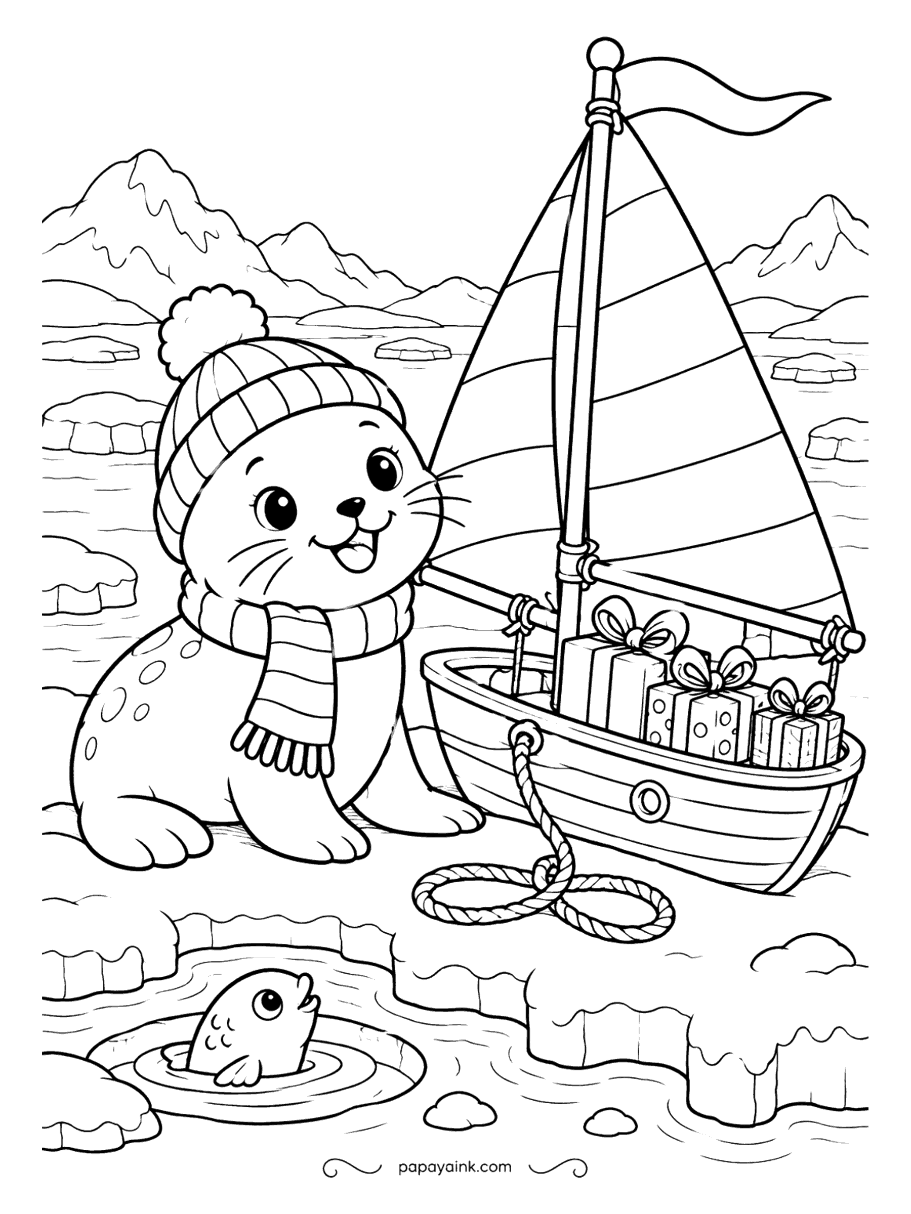 Cute Christmas Coloring Pages - Knit cap on, scarf tied, a seal sits beside a sailboat stacked with presents on the ice floe. A fish pokes up through a hole to say hello. Icebergs and mountains in the back - cool blues and whites suit this one.