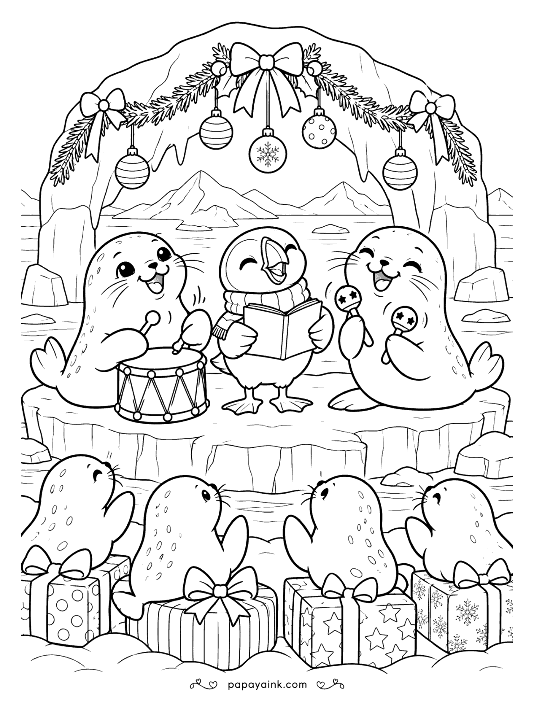Cute Christmas Coloring Pages - A seal plays the drum, a puffin reads the carol book, and another seal shakes a rattle - the ice concert is underway, with baby seals cheering from the gift-box seats below. A garland arch frames the stage.
