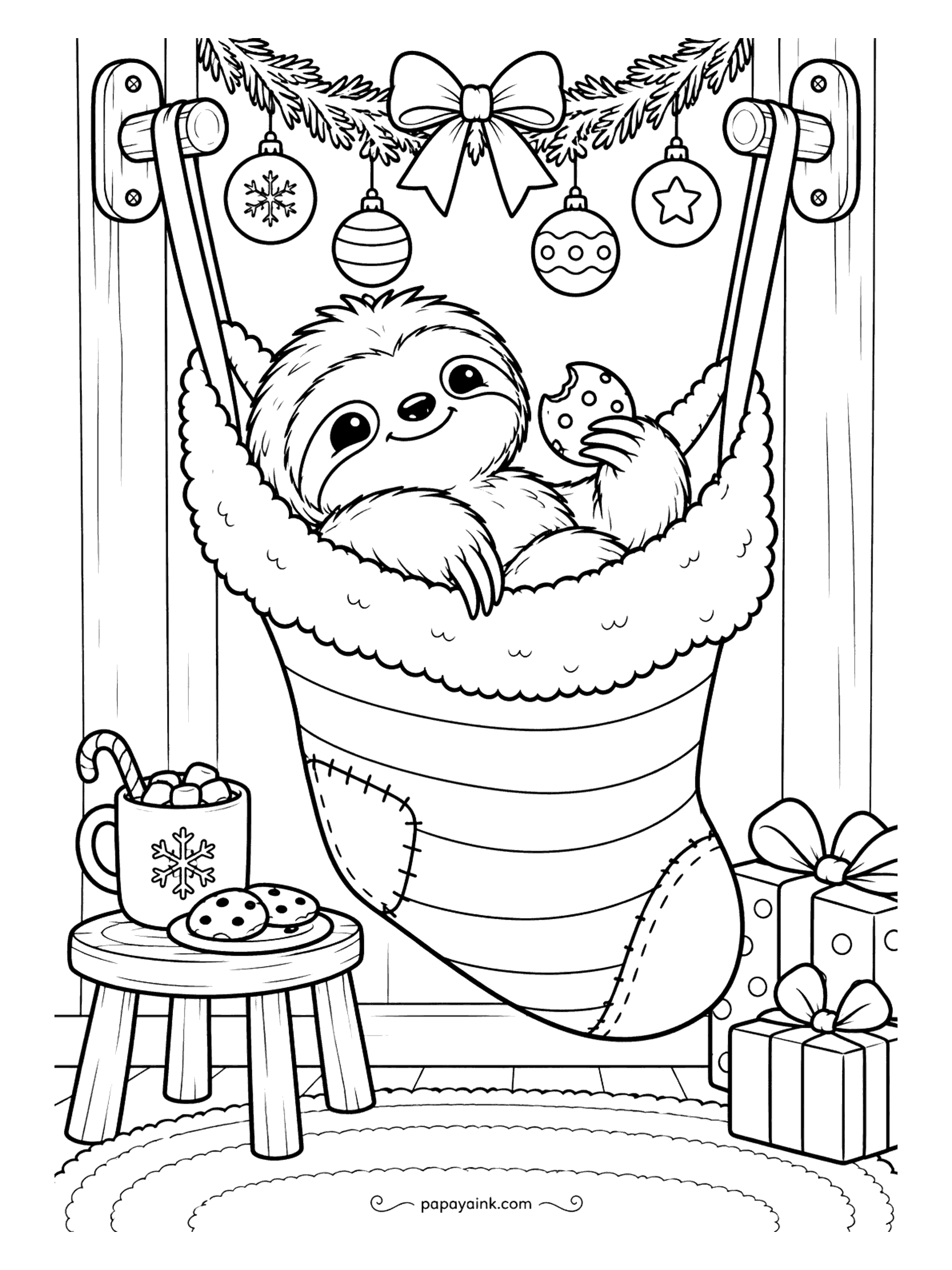 Cute Christmas Coloring Pages - A Christmas stocking turned hammock, and a sloth inside it nibbling a cookie. Ornaments and garland hang above, a cocoa mug and a plate of treats wait on the stool. Stripes and patches on the stocking are easy and fun.