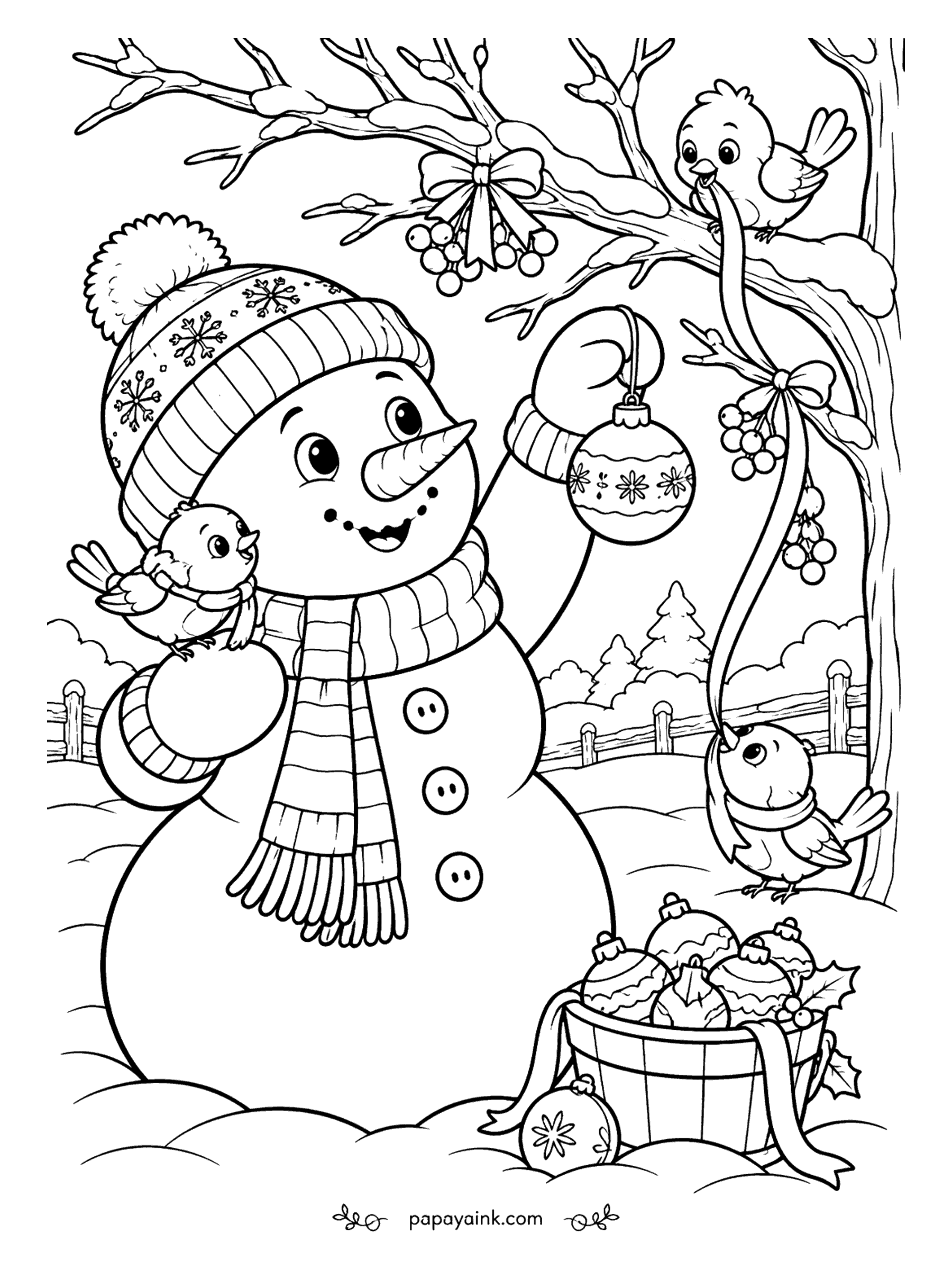 Cute Christmas Coloring Pages - The snowman has a new hat and scarf, and his bird friends are helping hang ornaments from the branch above - a robin tugs a ribbon, another perches on his shoulder. A bucket of extra baubles waits in the snow. Mostly open white space.