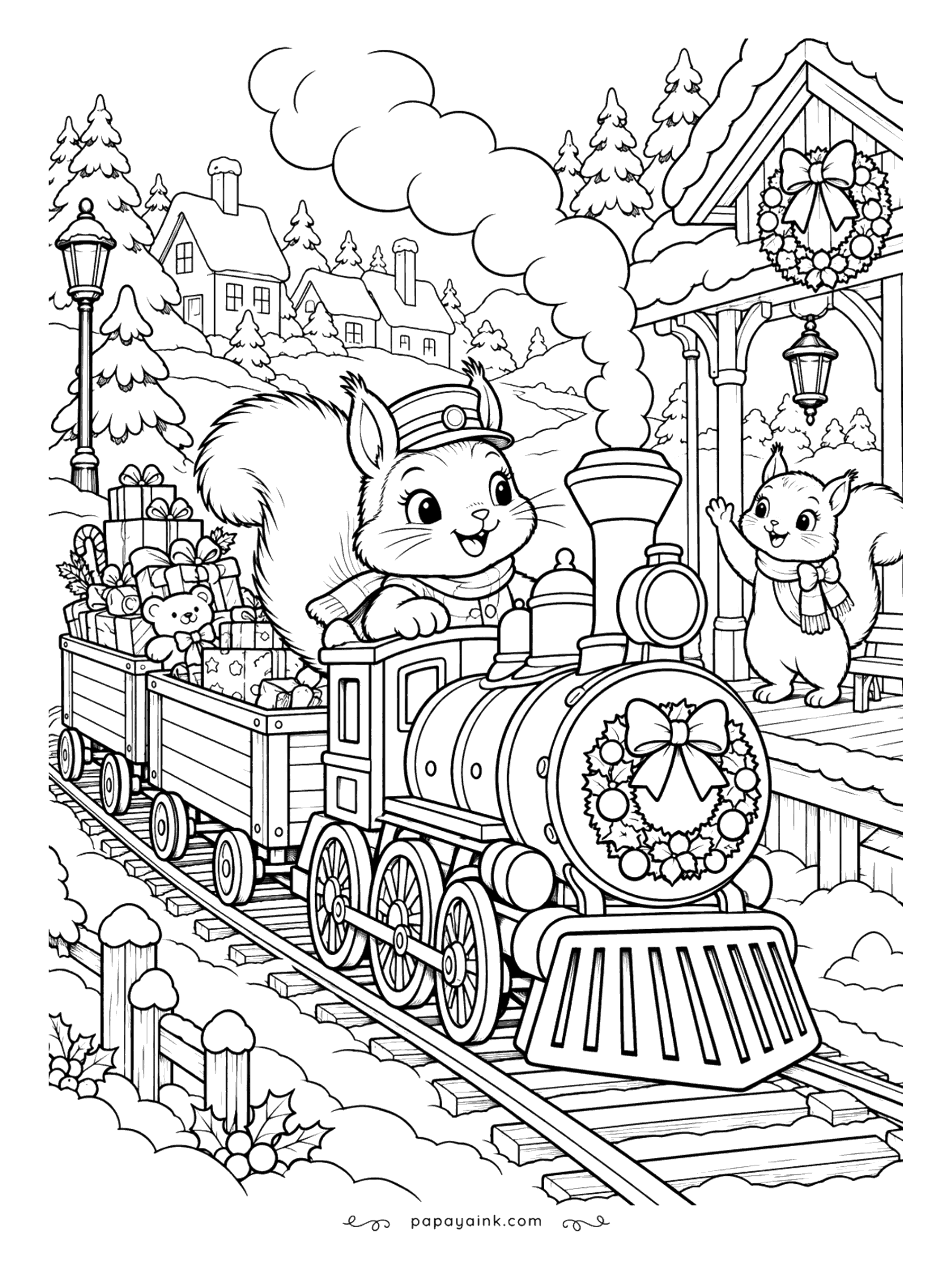 Cute Christmas Coloring Pages - All aboard: a squirrel in an engineer's cap drives a steam train hauling cars full of presents, a wreath fixed to the engine. A friend waves from the station platform. Snowy village rooftops line the hills.