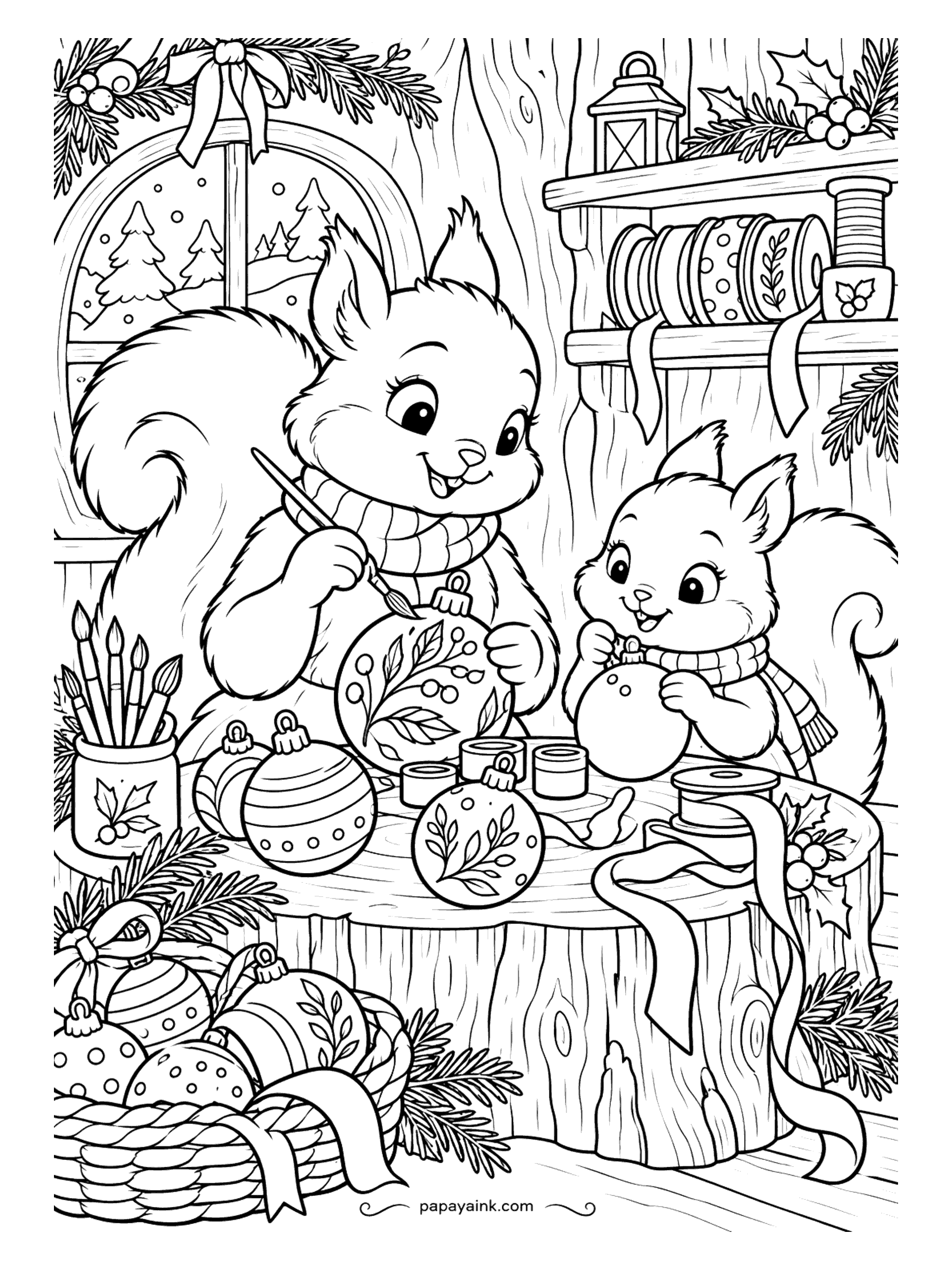 Cute Christmas Coloring Pages - Fresh paint and a basket of baubles: two squirrels decorate ornaments with leafy patterns at a table carved from a stump. Ribbon spools and brushes are everywhere. Each ornament is a little design of its own - pick a different palette for every one.
