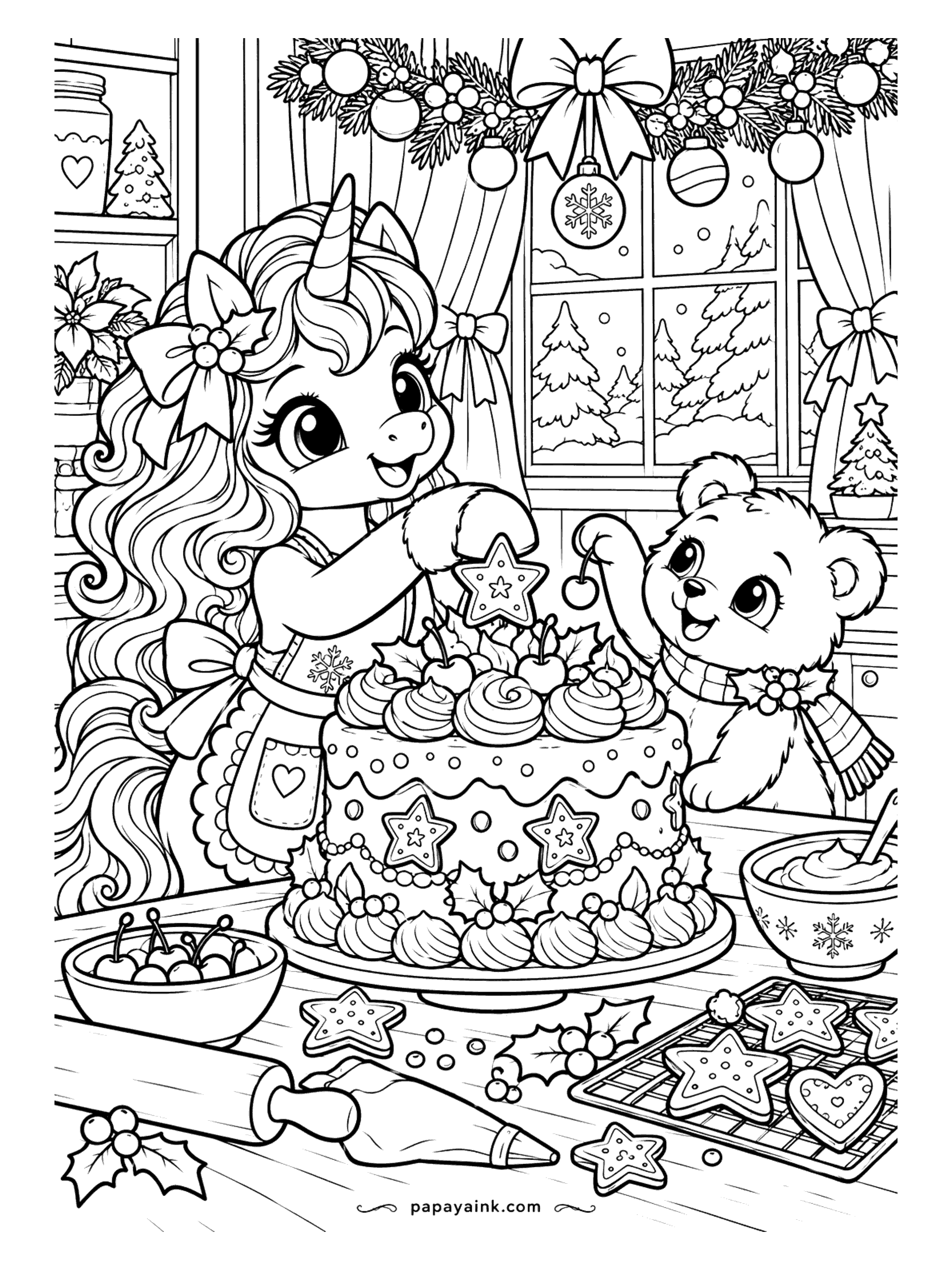 Cute Christmas Coloring Pages - A unicorn in an apron and a bear cub top a holiday cake with cherries and star cookies. Detailed.