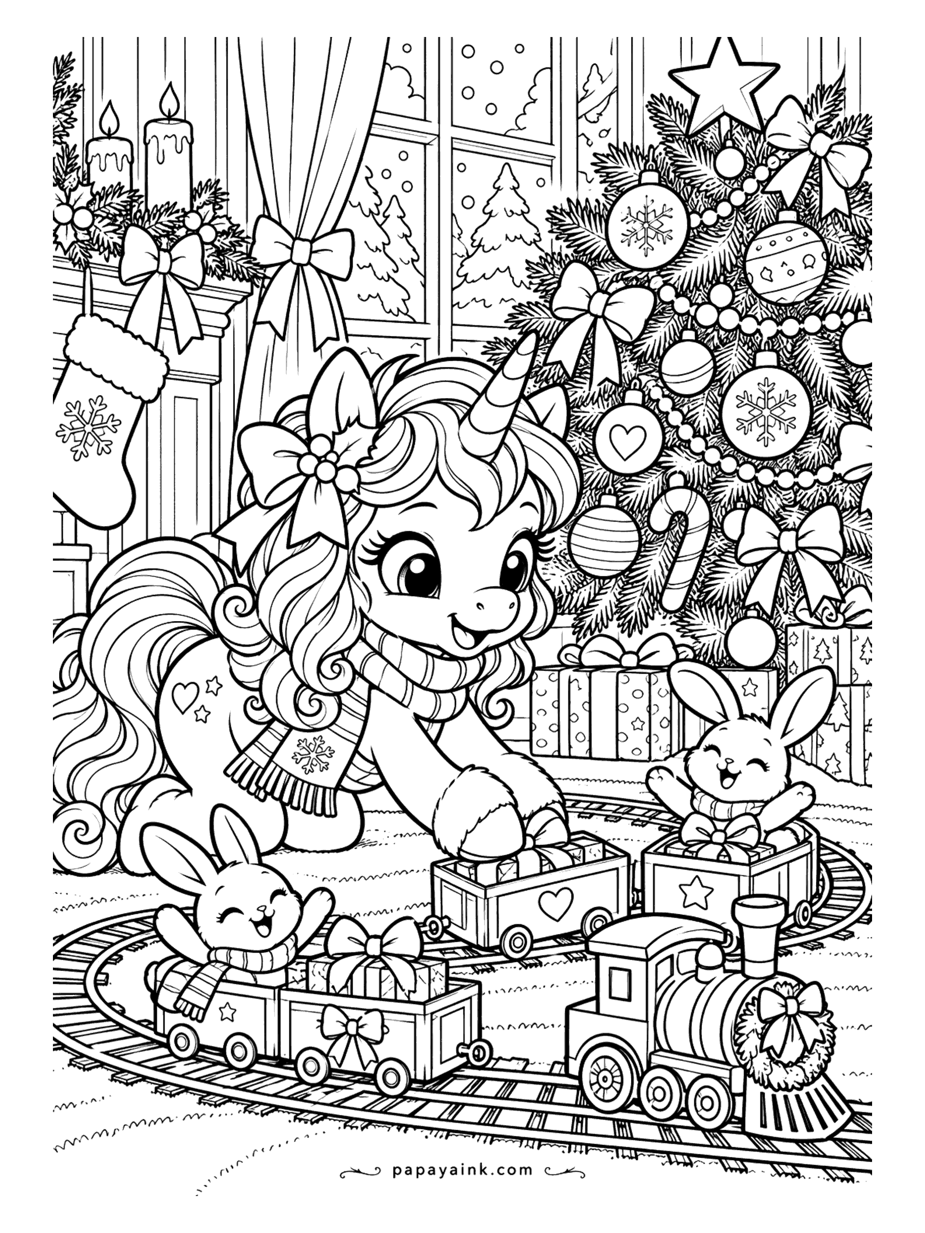 Cute Christmas Coloring Pages - A unicorn plays with a toy train under the Christmas tree while two bunnies ride in the cars. Detailed.