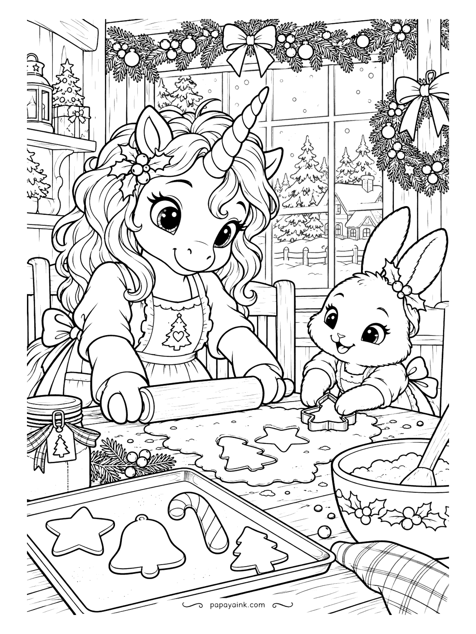Cute Christmas Coloring Pages - A unicorn with a rolling pin and a bunny with a cookie cutter make Christmas cookies by a snowy window. Detailed.